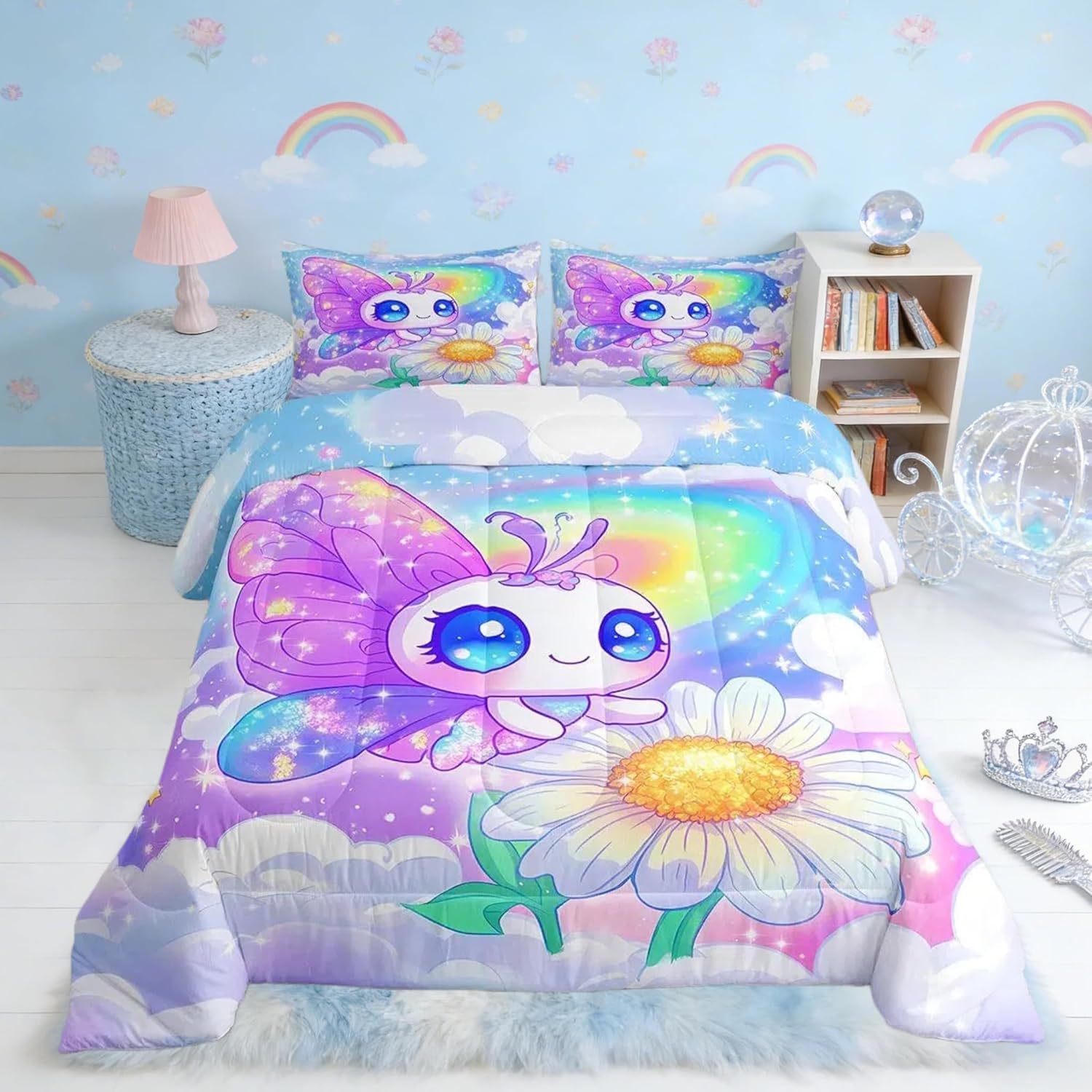 Feelyou Butterfly Comforter Set All Season Girl Butterfly Floral Bedding Set with 2 Pillow Cases Daisy Microfiber Kids Queen Bedclothes Rainbow Bedroom Decor Duvet Quilt Breathable Soft Lightweight