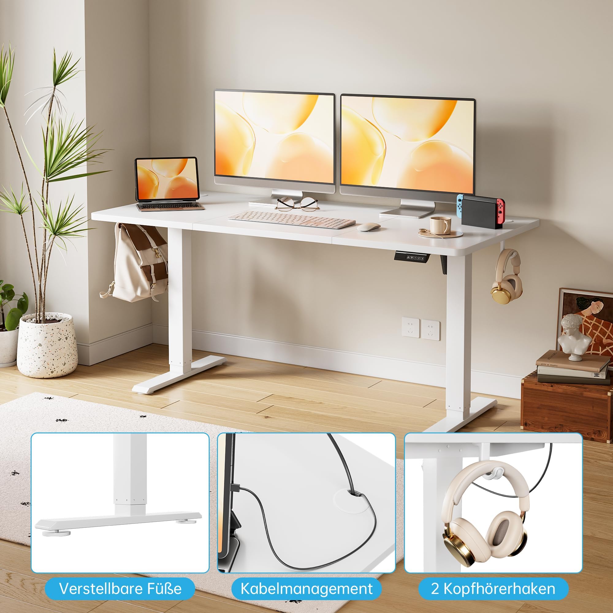 Elektrisch höhenverstellbarer Schreibtisch – Ergonomischer Sitz-Steh-Tisch mit Memory-Funktion, Stabiler Rahmen, verstellbare Füße, leiser Motor – 120 x 60 cm – Weiß