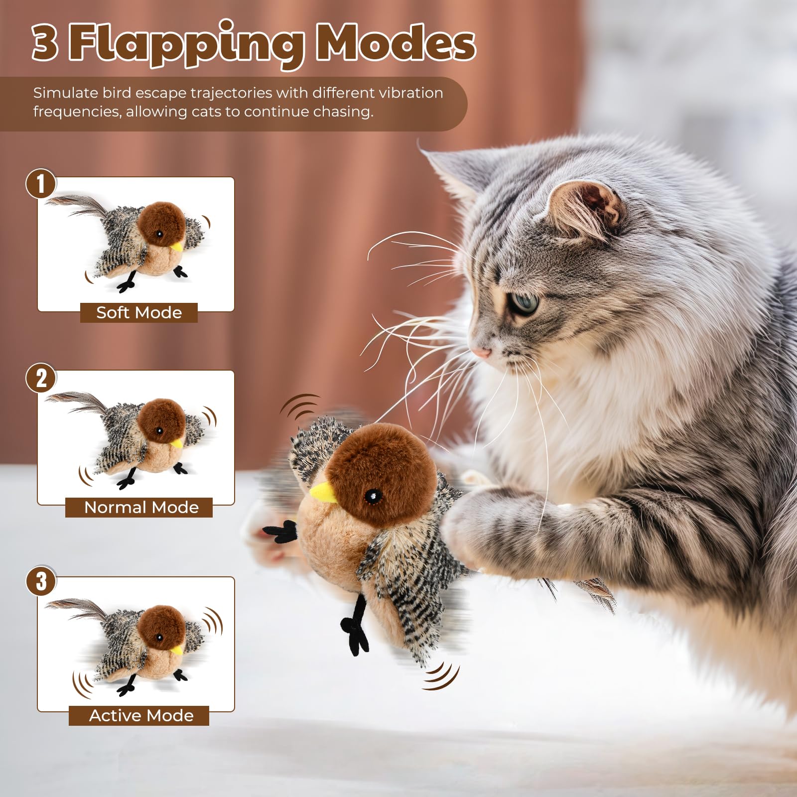 4 PCS Juguetes Interactivos Gatos Pájaro Volador, Juguete Gatos Electrico Gorrión con 3 Juguetes Pajaros Pequeños de Hierba Gatera, Juguete Automático Recargable para Gatos Interior con Control Remoto