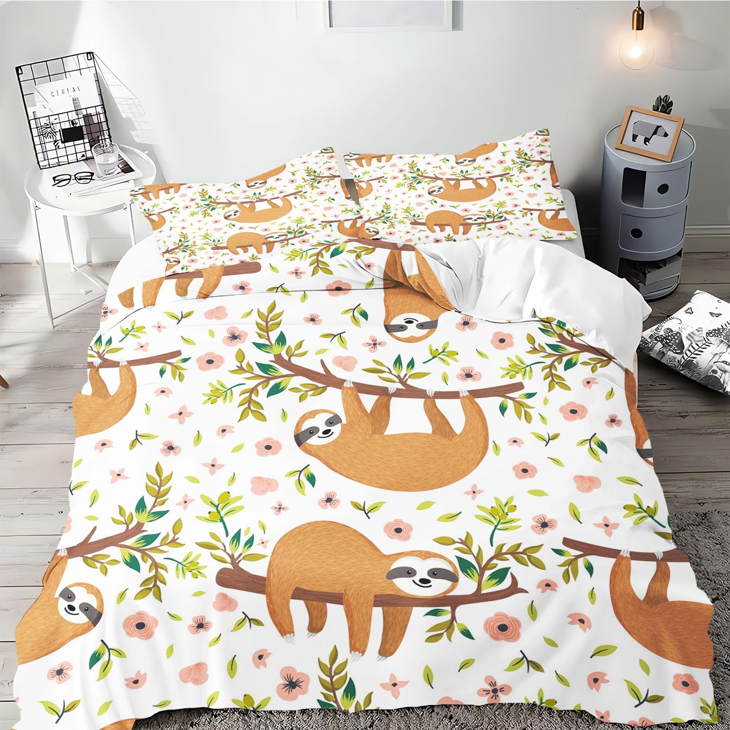 SMchwbc Sloth Bed Linen 135 x 200 cm, Children's Cartoon Animals Sloth Duvet Cover Set for Girls with Pillowcase, Children's Bed Linen 135 x 200 cm, Sloth Bedding Sets Microfibre (135 x 200 cm, 8)