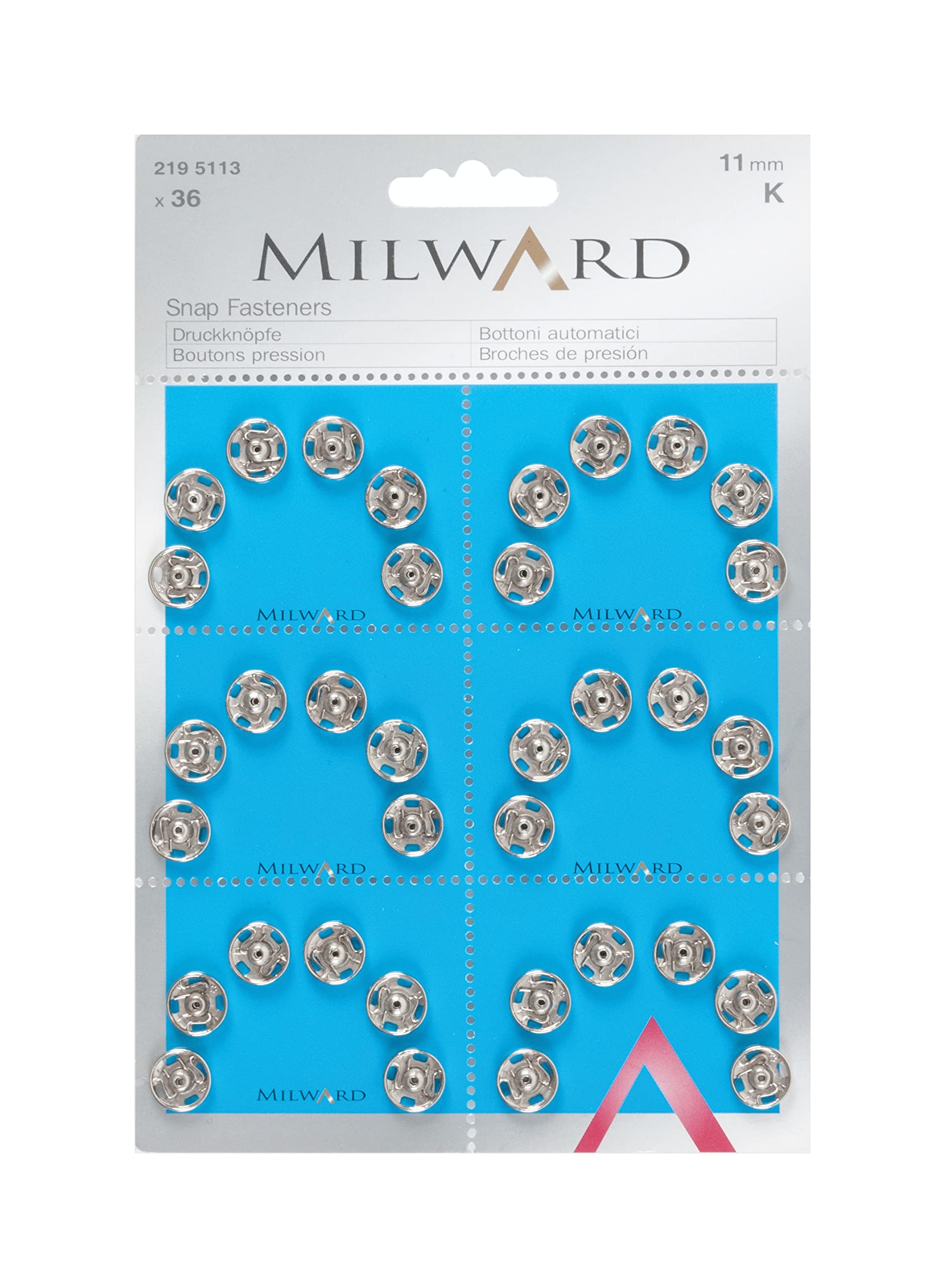 Milward 11 mm 36-Piece Sew-On Brass Snap Fasteners, Silver