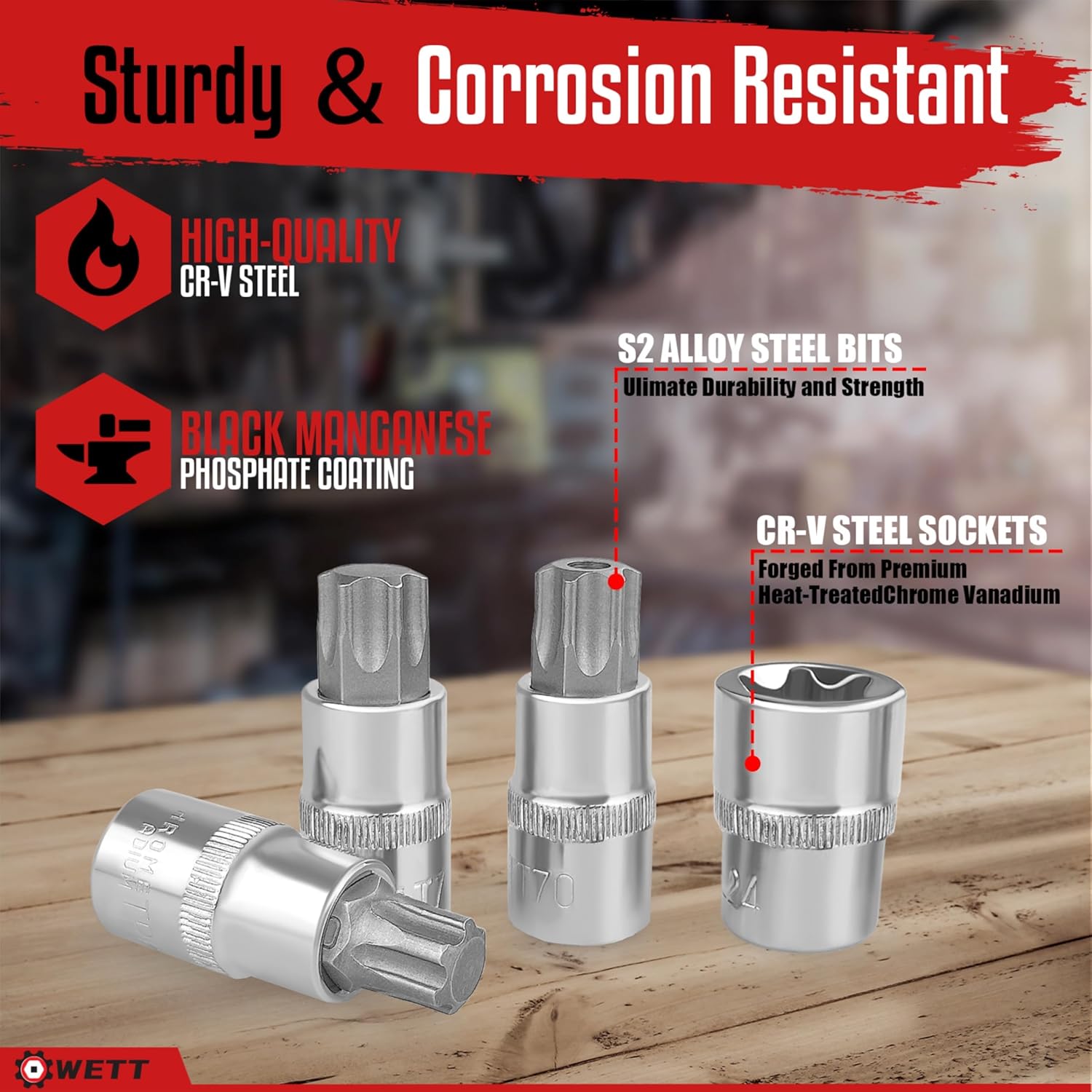 WETT Master Torx Bit Socket and External Torx Socket Set, 60-Piece 1/4", 3/8", 1/2" Drive E-Torx Sockets (E4-E24, T6-T70, TT6-TT70, TP8-TP60), S2 and CR-V Steel