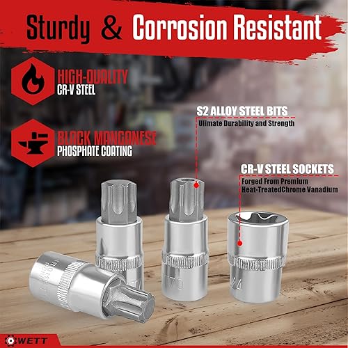 Miniatura 5 de WETT Master Torx - Juego de llaves de vaso Torx externas, 60 piezas de 1/4", 3/8", 1/2" de accionamiento E-Torx