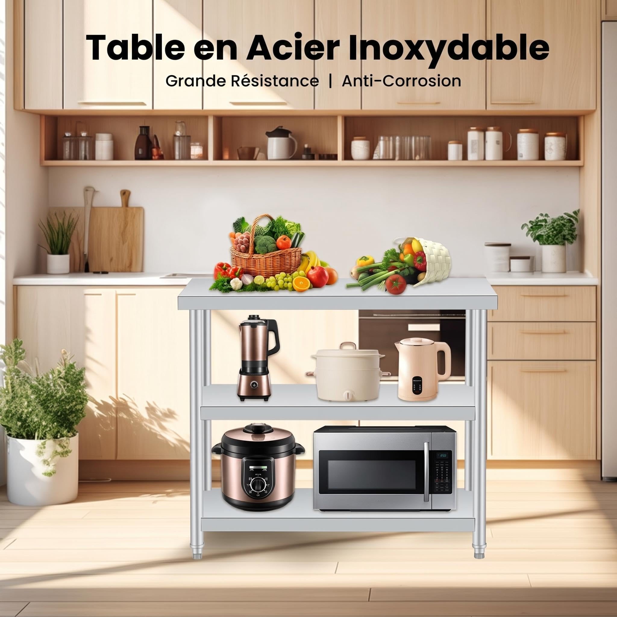 Garvee Table d’appoint 3 Niveaux en Acier Inoxydable 91 x 36 x 86 cm, Étagère de Rangement Robuste, Anti-Rouille et Facile à Nettoyer, pour Jardin, terrasse, Cuisine extérieure, Restaurant et Atelier