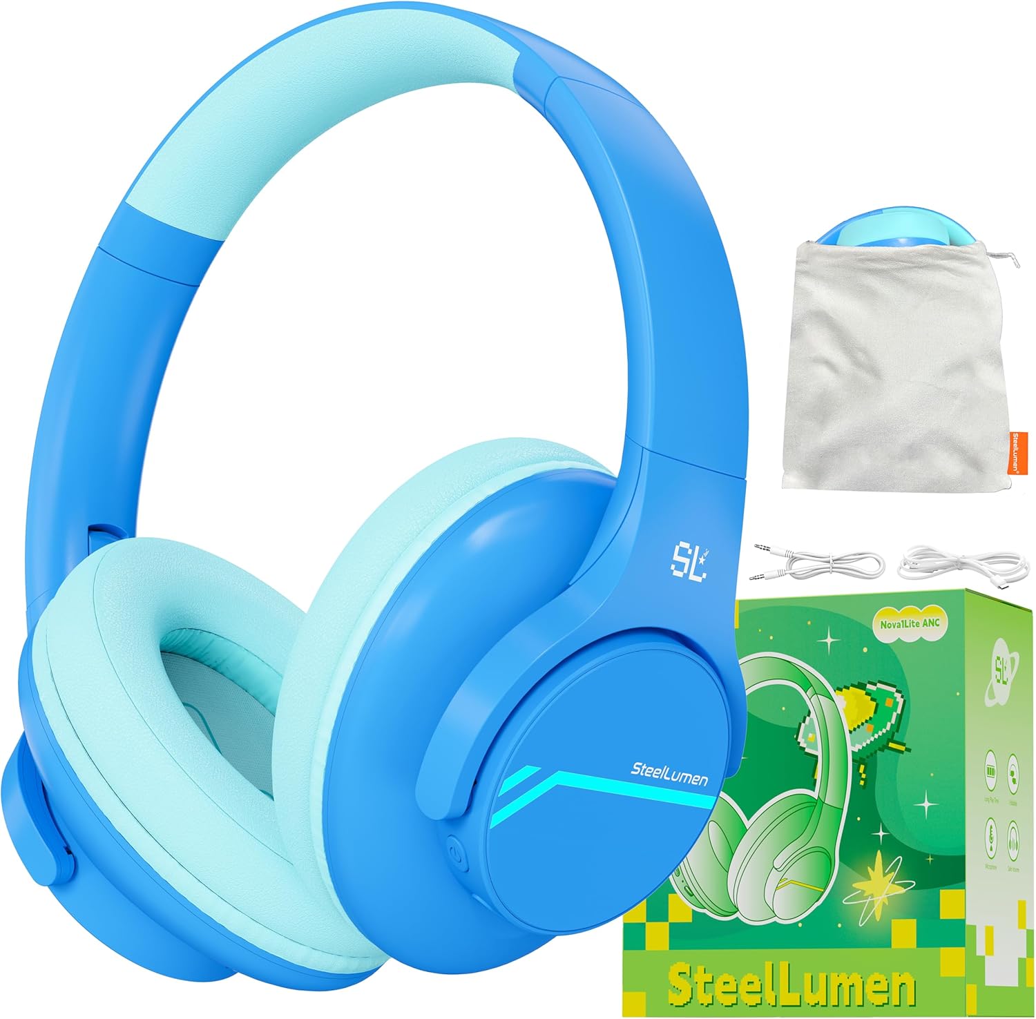 Steellumen Nova1Lite Kids Wireless Active Noise Cancelling Headphones, Bluetooth 5.3, Safe Volume 74/85/94dB, Real 40H Battery, Type-C Fast Charging, boy Girl Built-in Mic for School Travel Airplane