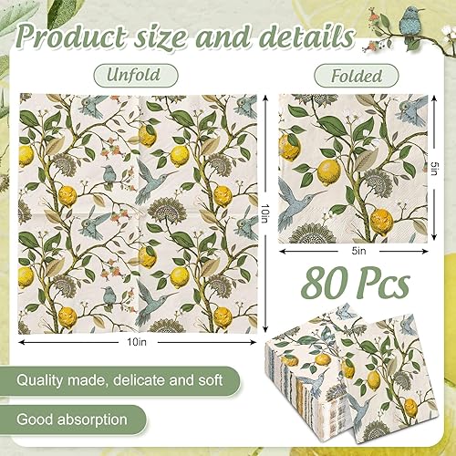 Miniatura 9 de AnyDesign - 80 servilletas de papel desechables con diseño de pájaro azul retro, diseño de árbol de limón, servilletas de papel decorativas de