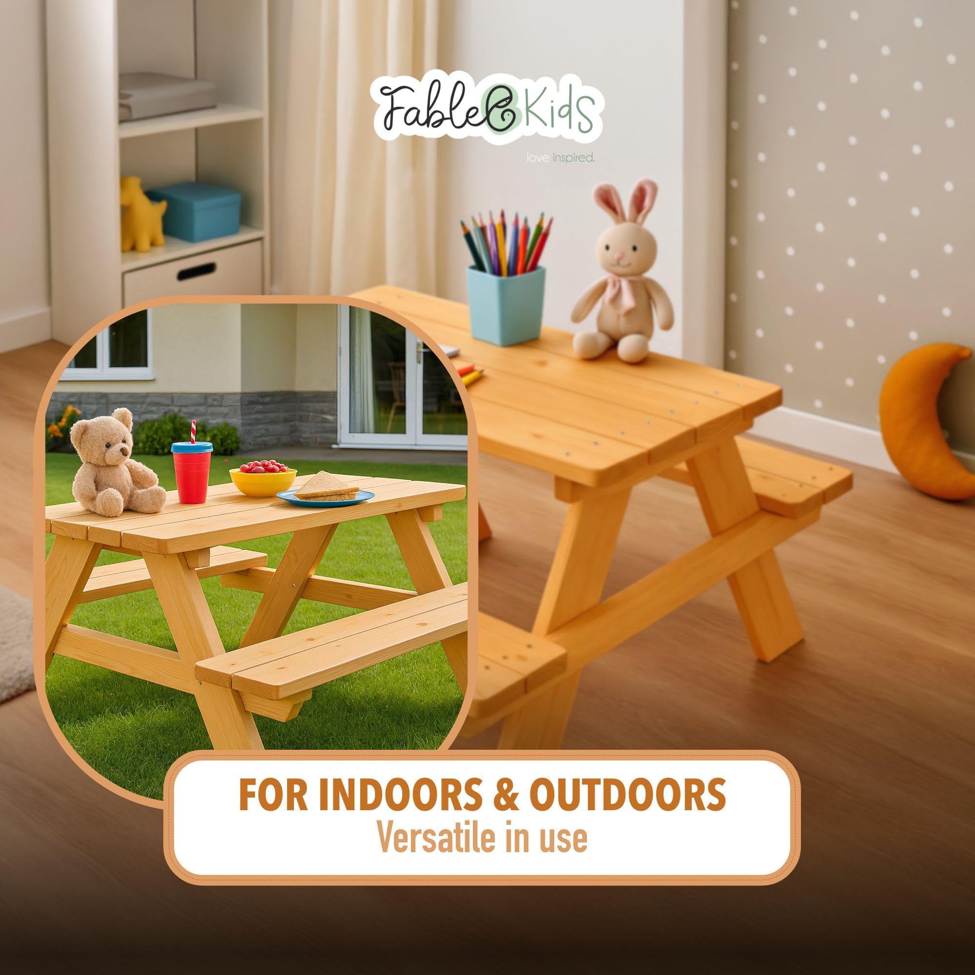 FableKids ARNE Set Tavolo da Picnic per 4 Bambini | Tavolo con panche in legno massello | Mobili da giardino 2–7 anni | Naturale, sicuro e durevole | 89×79×50 cm