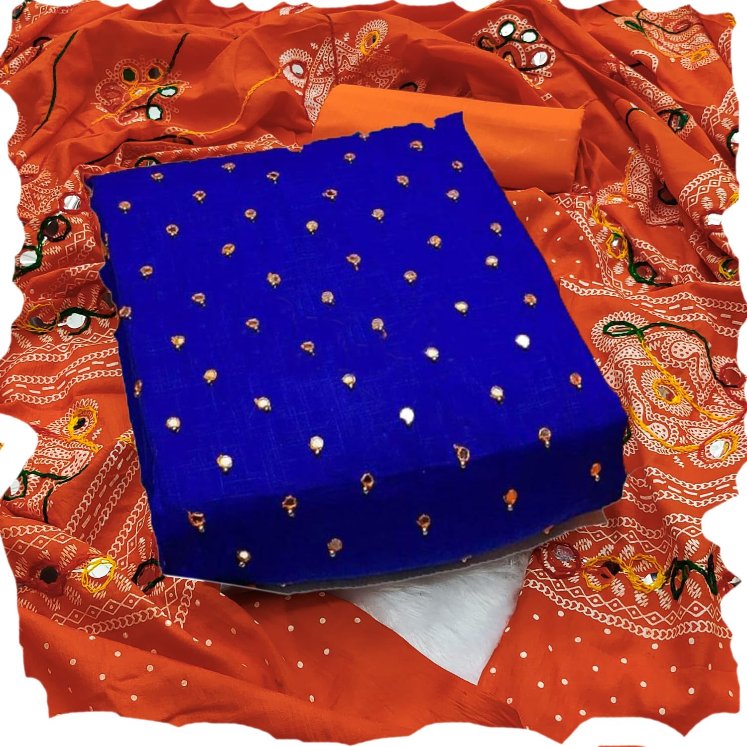 Ari Work Cotton Salwar Suit Material | Mirror Work Dress Fabric Set for Women (Top + Bottom + Dupatta) (Free Size)