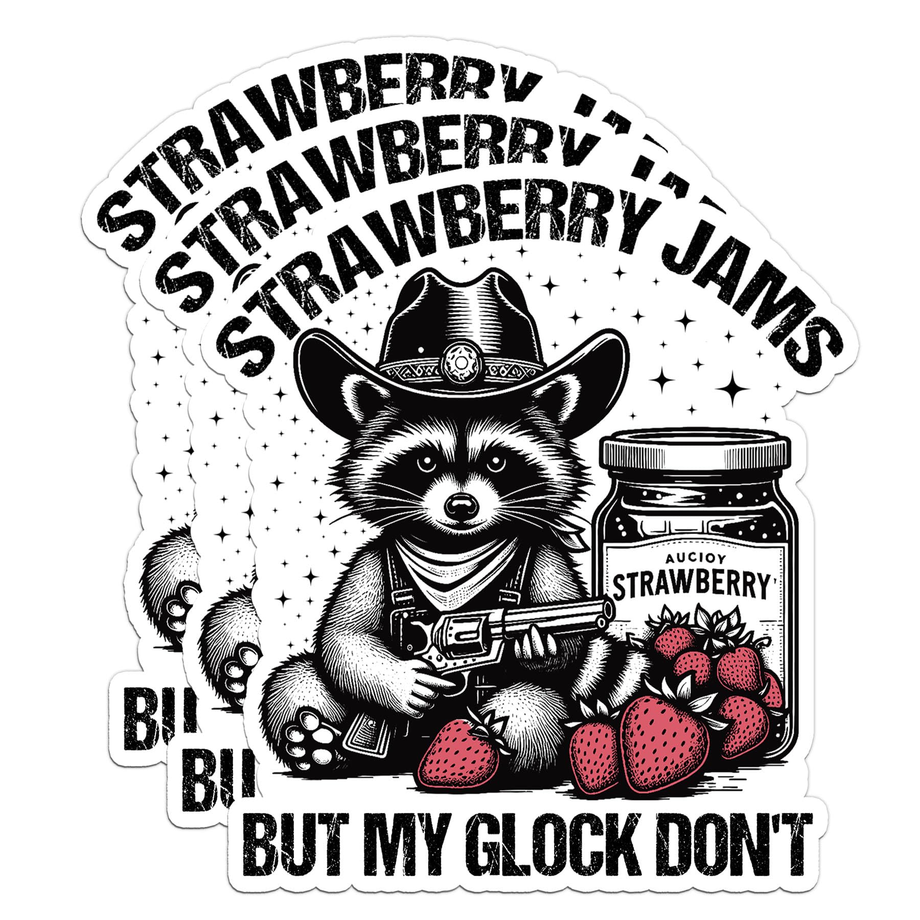 Set 3 Pcs 2 Inches - Strawberry Jams But My Glock Dont Sticker Funny Raccoon Sticker Gen Z Humor Millennial Waterproof Vinyl Decal for Water Bottles