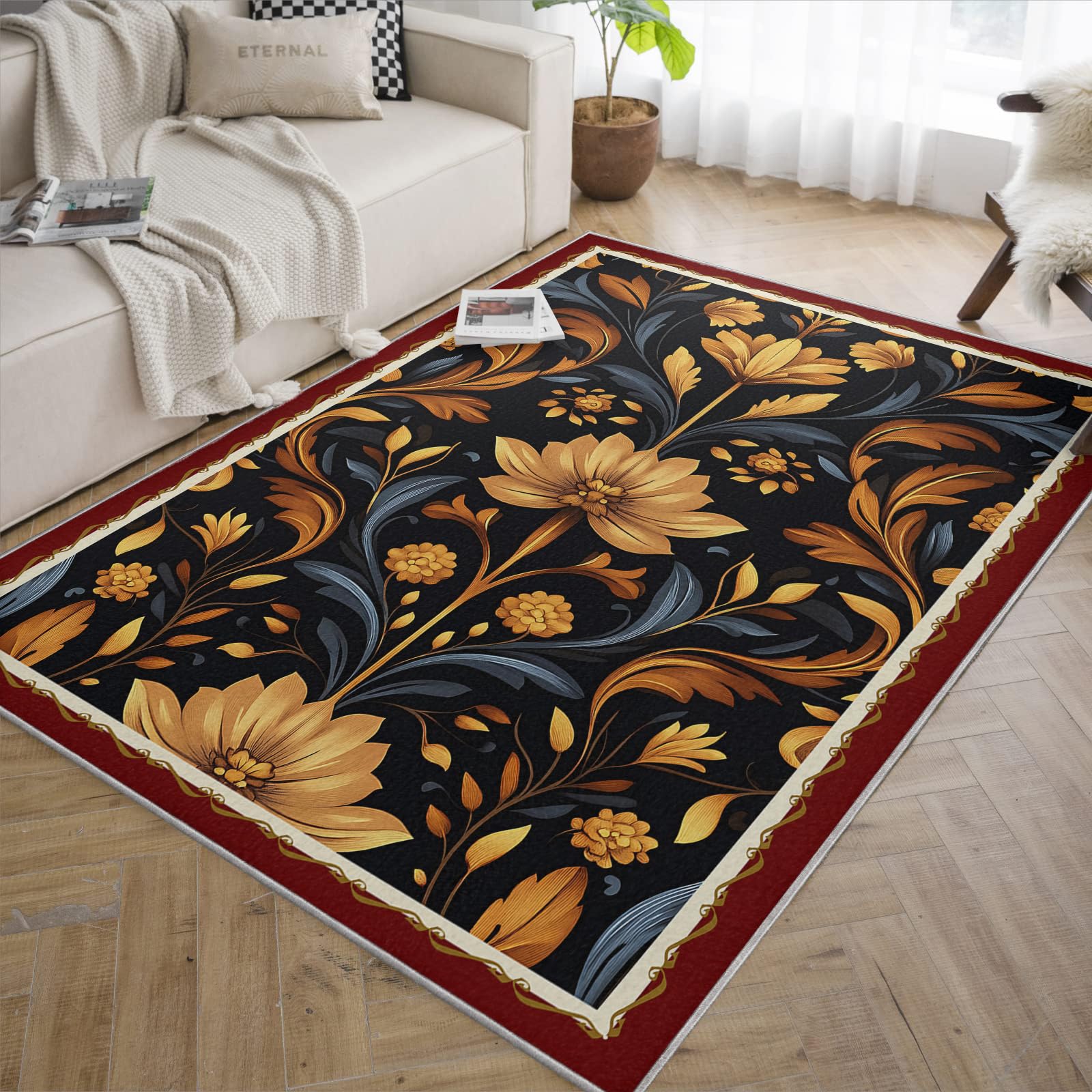 Dywaniki w stylu vintage, kwiatowe, 120 x 160 cm, miękki, maksymalizm, boho, kwiaty, rośliny, rustykalne, można prać w pralce, dywan z niskim runem do pokoju zabaw jadalni