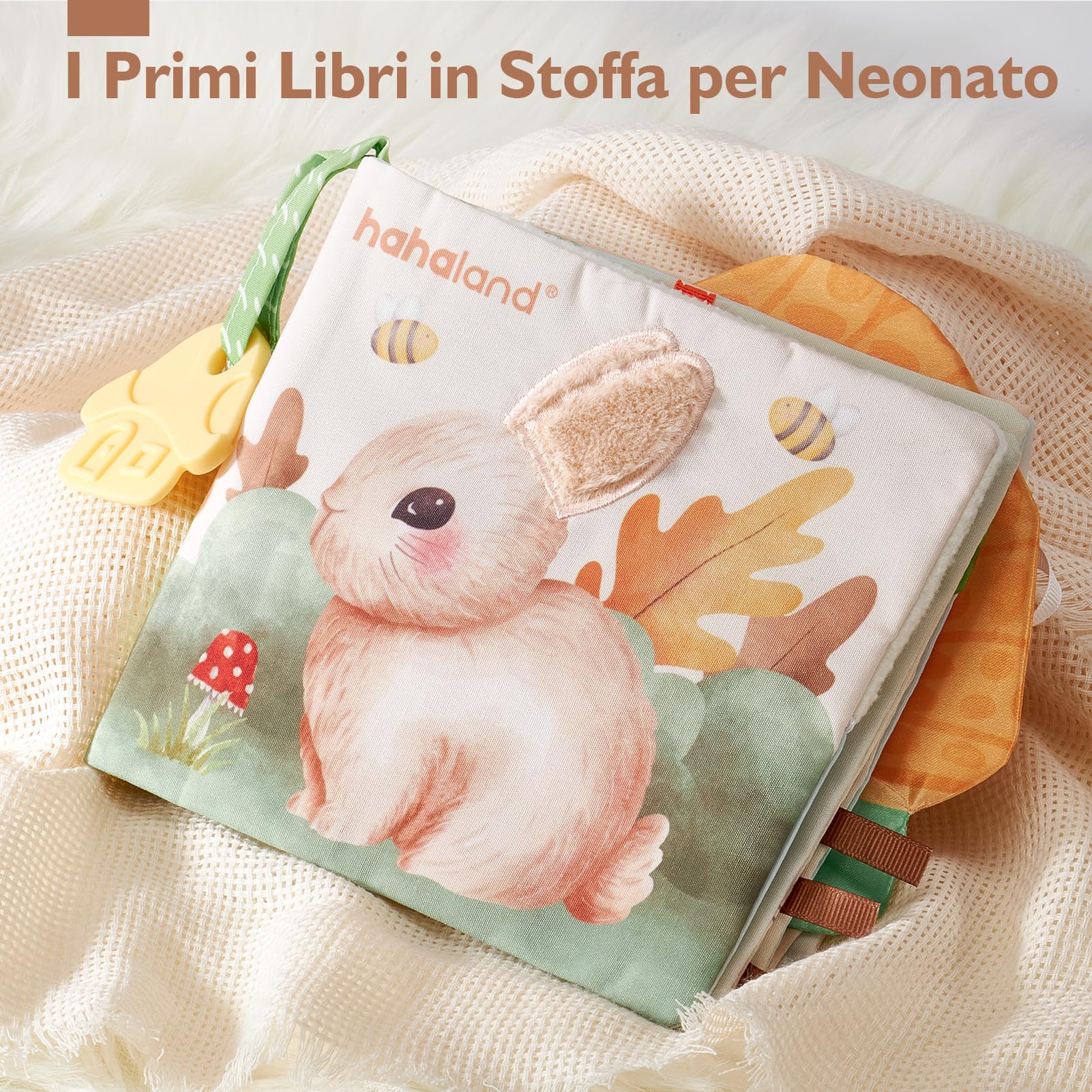 hahaland Libri di Stoffa Neonati 0-6 Mesi - Morbidi Animali Interattivi Libretto Tattile con Specchio - Giochi Sensoriali per Bimbo Bimba