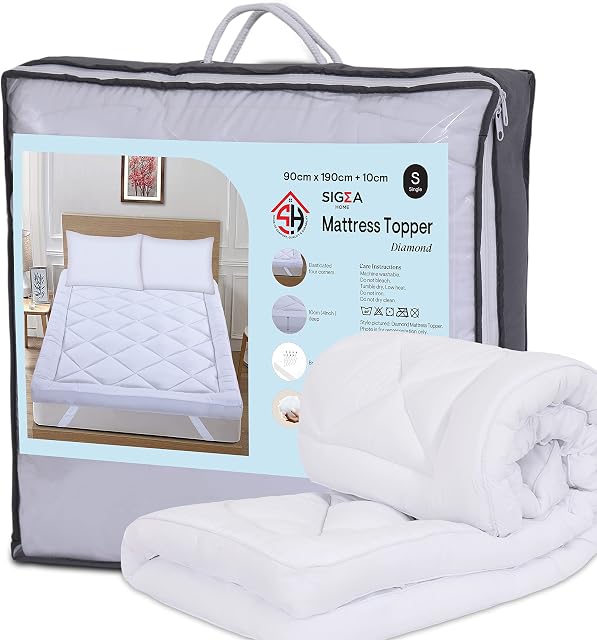 SIGA HOME Mattress Topper Single 10cm Thick, White, Super Soft 100% Polyester, Quilted, Breathable, Noiseless, Machine Washable, Four corners Elastic Band, Anti Slip, Single 90x190+10cm (SG22101)