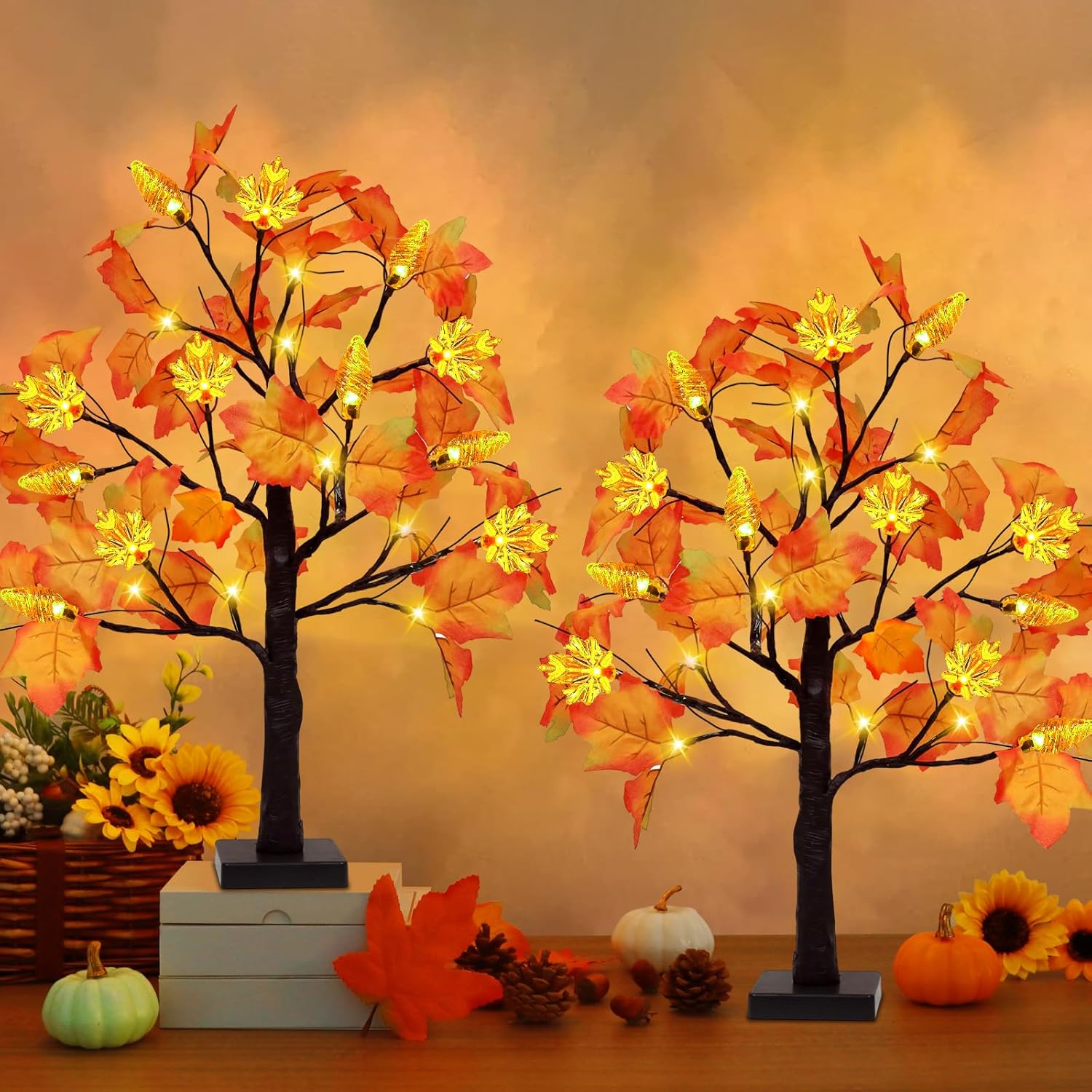2Pack 24 Inch Lighted Fall Maple Tree Decor with 24 Lights