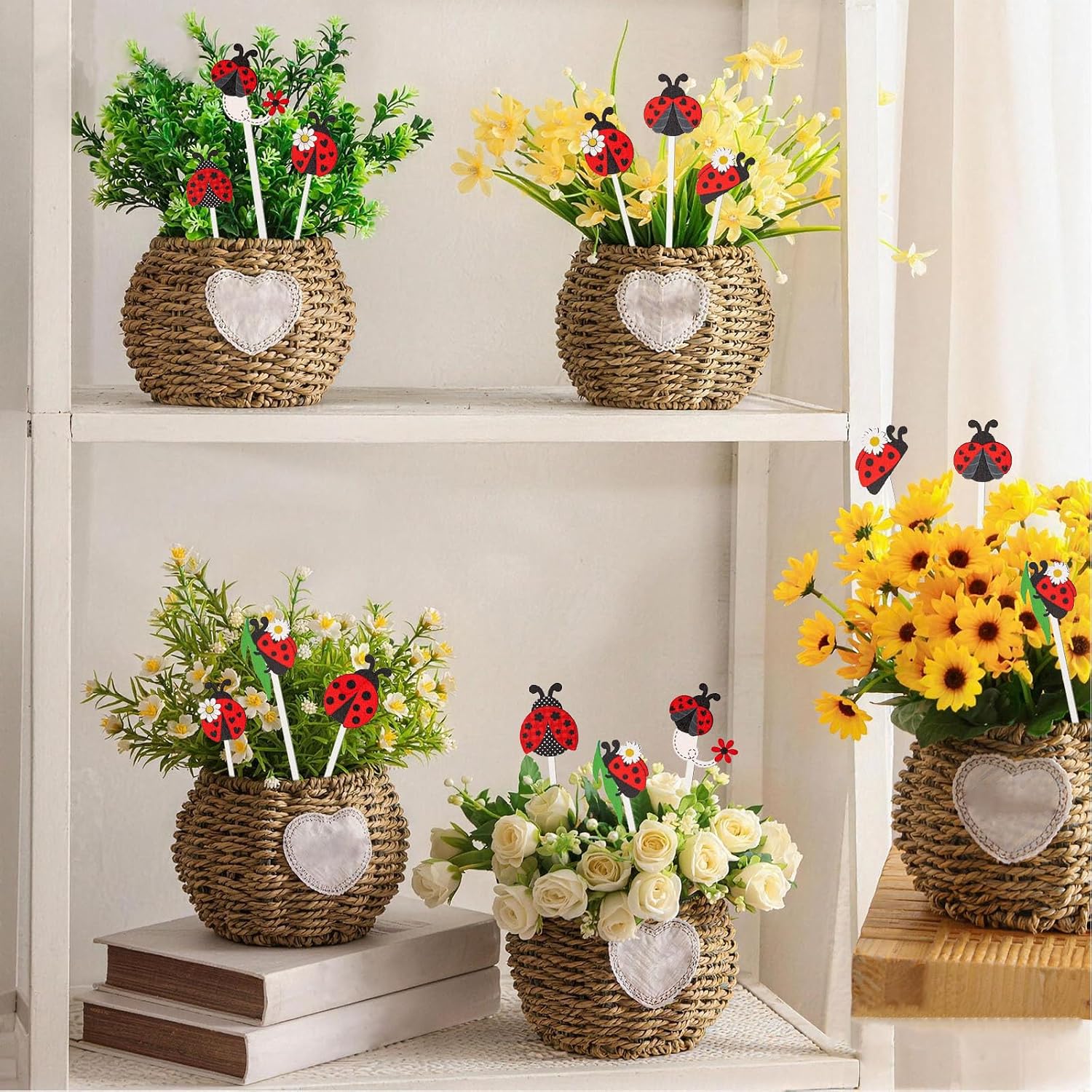 Summer Ladybug Wooden Picks 14 Pcs Cute Ladybug Insect Double-Sided Wooden Decorative Picks for Yard Patio Lawn Plant Flower Pot Decor for Summer Party Spring Holiday Supplies