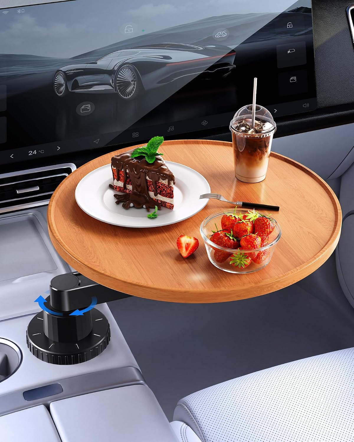 360° Rotating Wood Car Cup Holder Tray, Car Desk for Laptop, Car Food Tray Table for Eating Lunch, Cup Holder Expander, Long Road Trip Essentials Travel Patrol Accessories for Semi Truck Rv