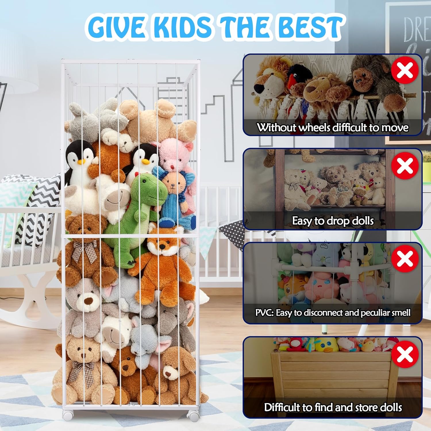 Stuffed Animal Storage, Metal Tube Extra Large Toy Storage Organizer with Brake Wheels, Stuffed Animal Holder Zoo Organizer for Nursery Playroom Kids Room White(61” x 23.6”x 16.5”) - Image 5