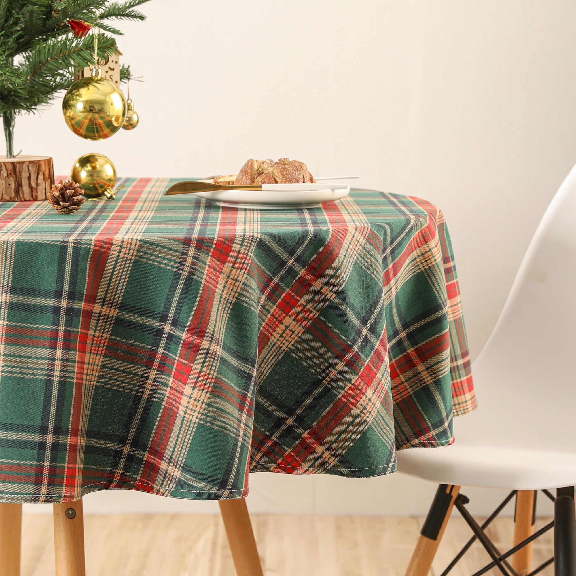 Bentrilisa Scottish Tartan Round Tablecloth, 60 Inch, Green Check Plaid Gingham, Polyester Cotton