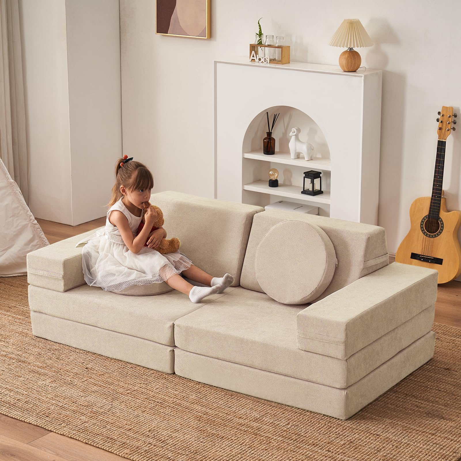 Jela Kids Foam Couch Set - 10 Pieces, Sand Beige, Miss Fabric, Loveseat, 66 x 33 x 23 Inches