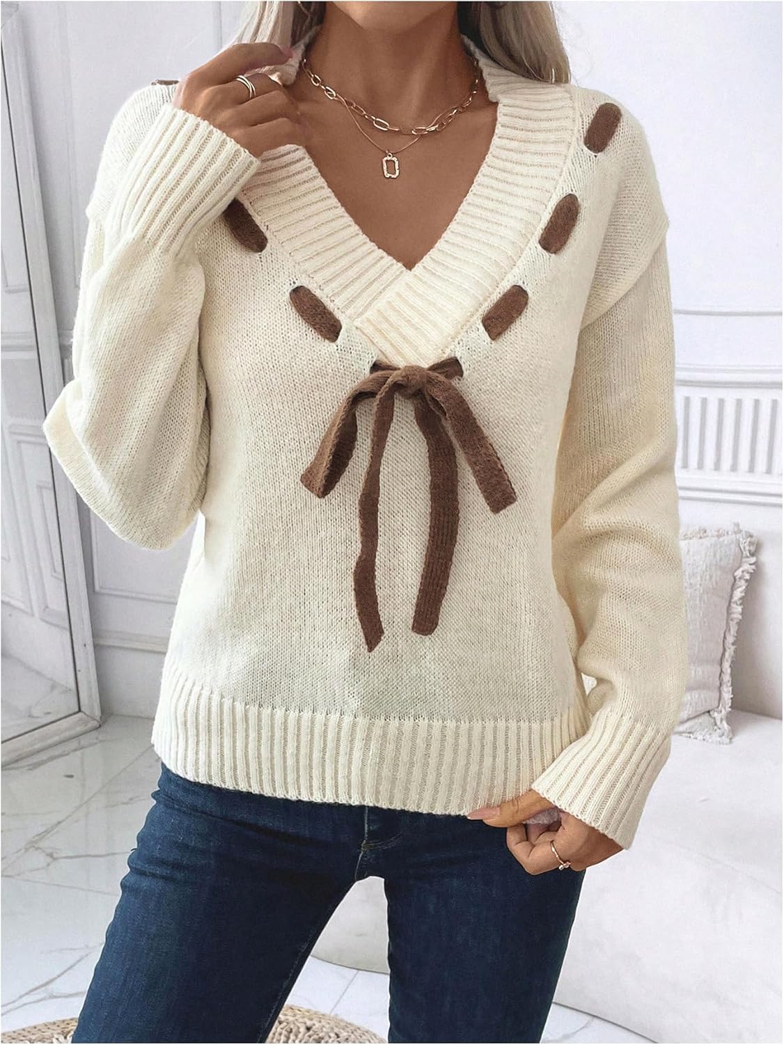 Women's Bowknot Front Knit Sweater V Neck Long Sleeve Pullover Sweaters Cute Tops