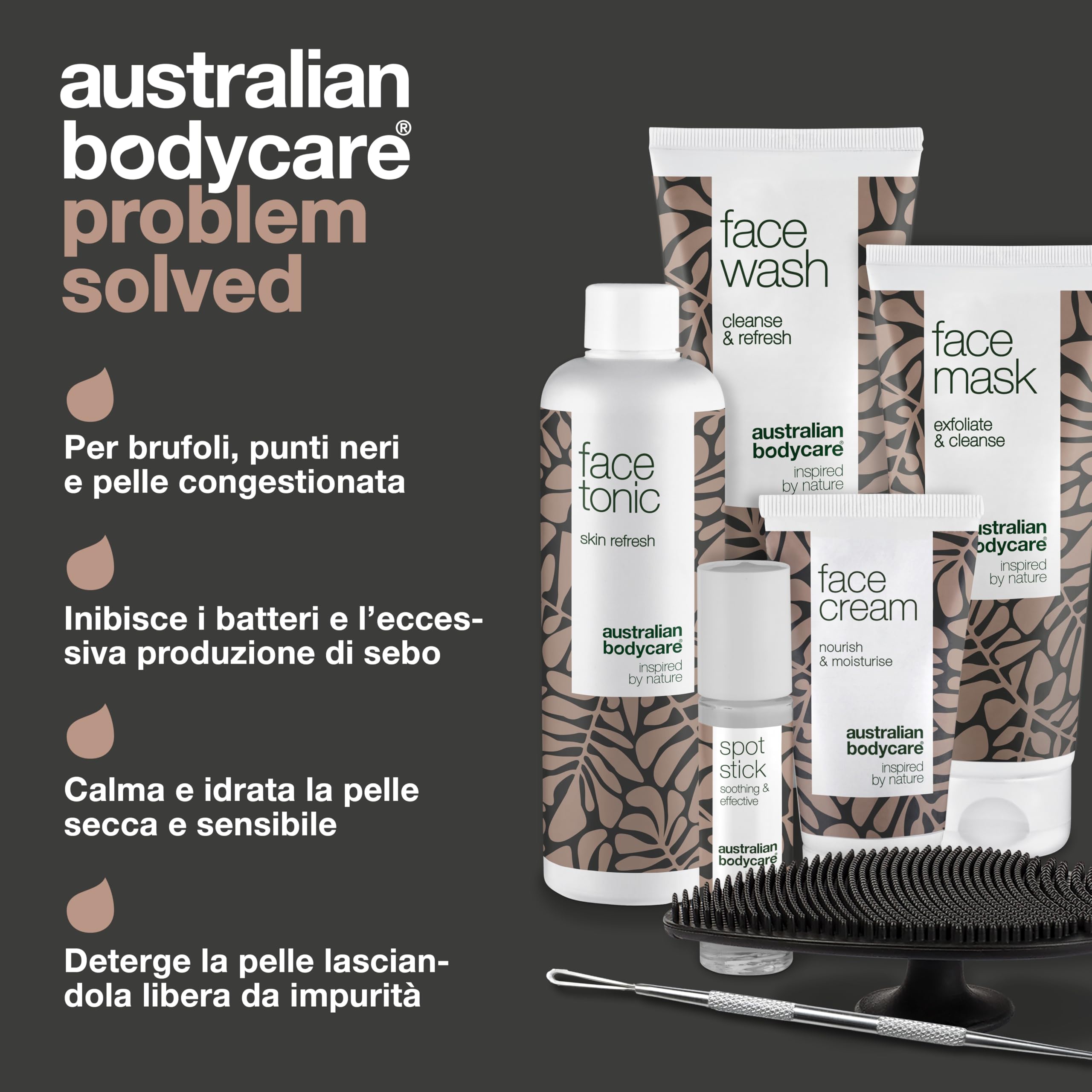 Kit per gli inestetismi della pelle | 7 prodotti contro pori ostruiti, brufoli e imperfezioni | Detergente viso, tonico, crema, roll on antibrufoli, maschera, leva comedoni e spazzola pulizia viso