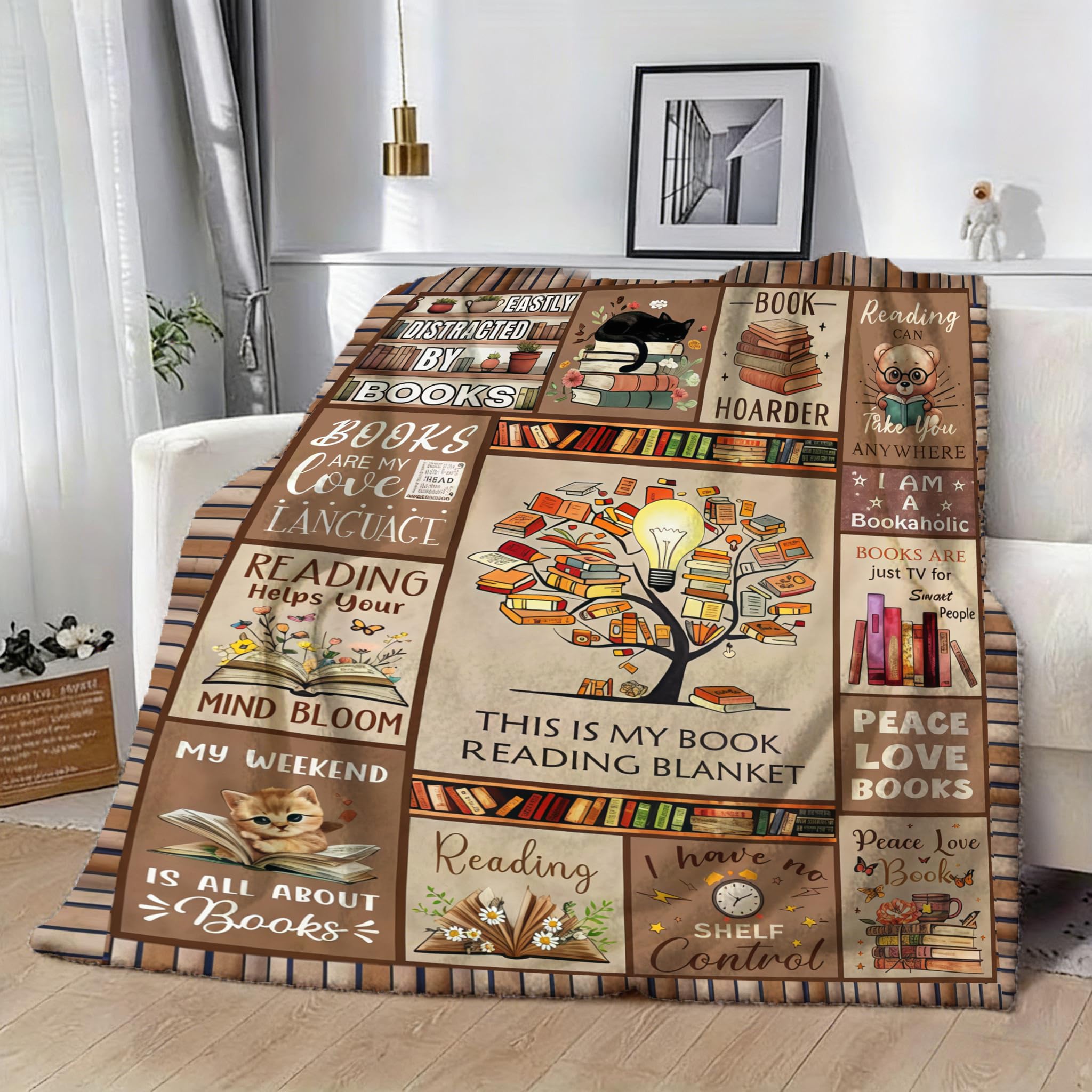 Vexthorion Book Lover Gifts,Reading Blanket 150x100Cm,Literary Lover Flannel Throw Blanket Gift Ideas,Bedroom Sofa Library Throw Book Gifts Best Bookworm Present On Birthday Student School (Tan)