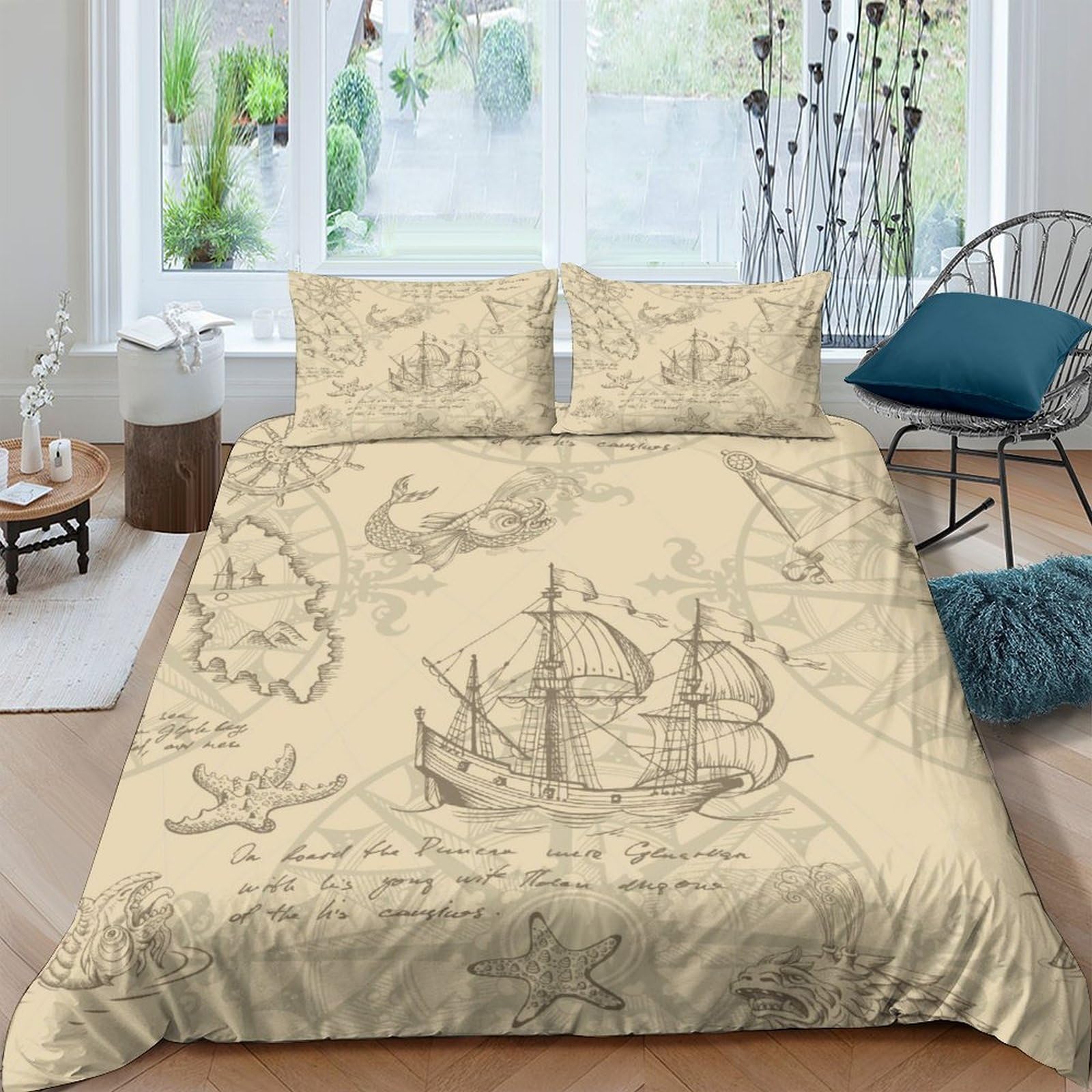 Ctjqhvkz Style-2 3D Printed Vintage Pirate Ship Fitted Sheet Microfiber Soft Breathable Nautical Map Bed Cover For Bedroom Guest Room Decor Single（135X200cm）