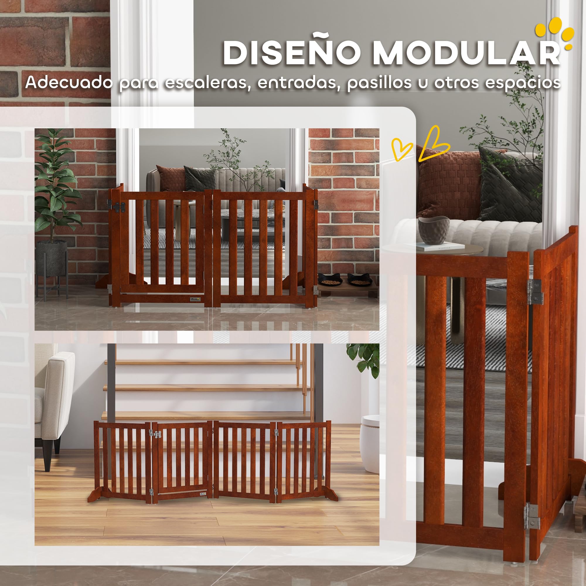 PawHut Barrera de Seguridad para Perros Plegable 205x30x60 cm Marrón | para Escaleras y Puertas, Valla para Perros Pequeños, 4 Paneles, Soporte de Pie, para Interiores