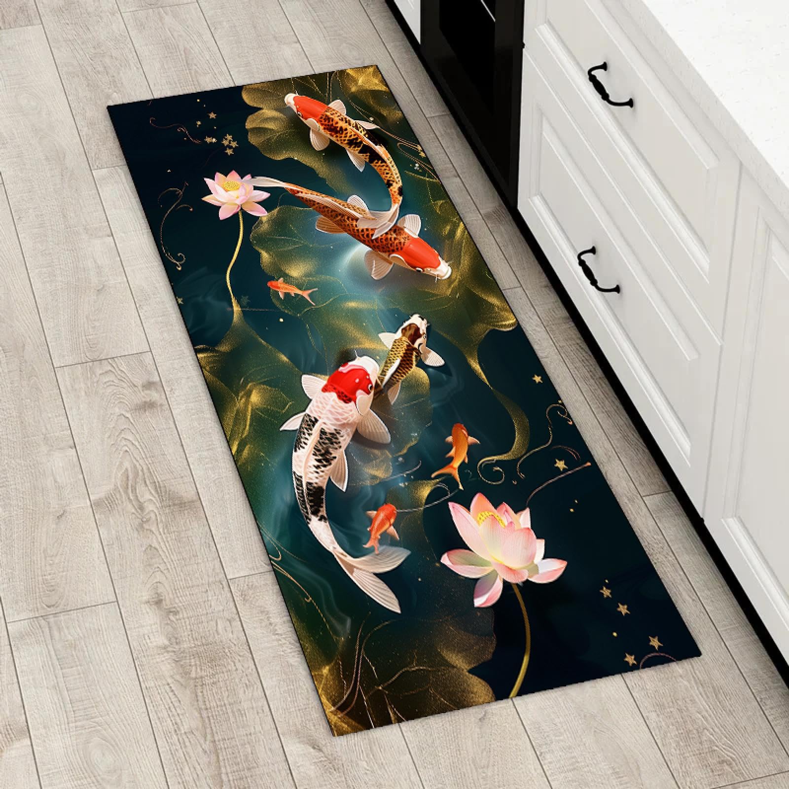 Tapis de sol lotus koi 40x80cm antidérapant pour entrée et couloir