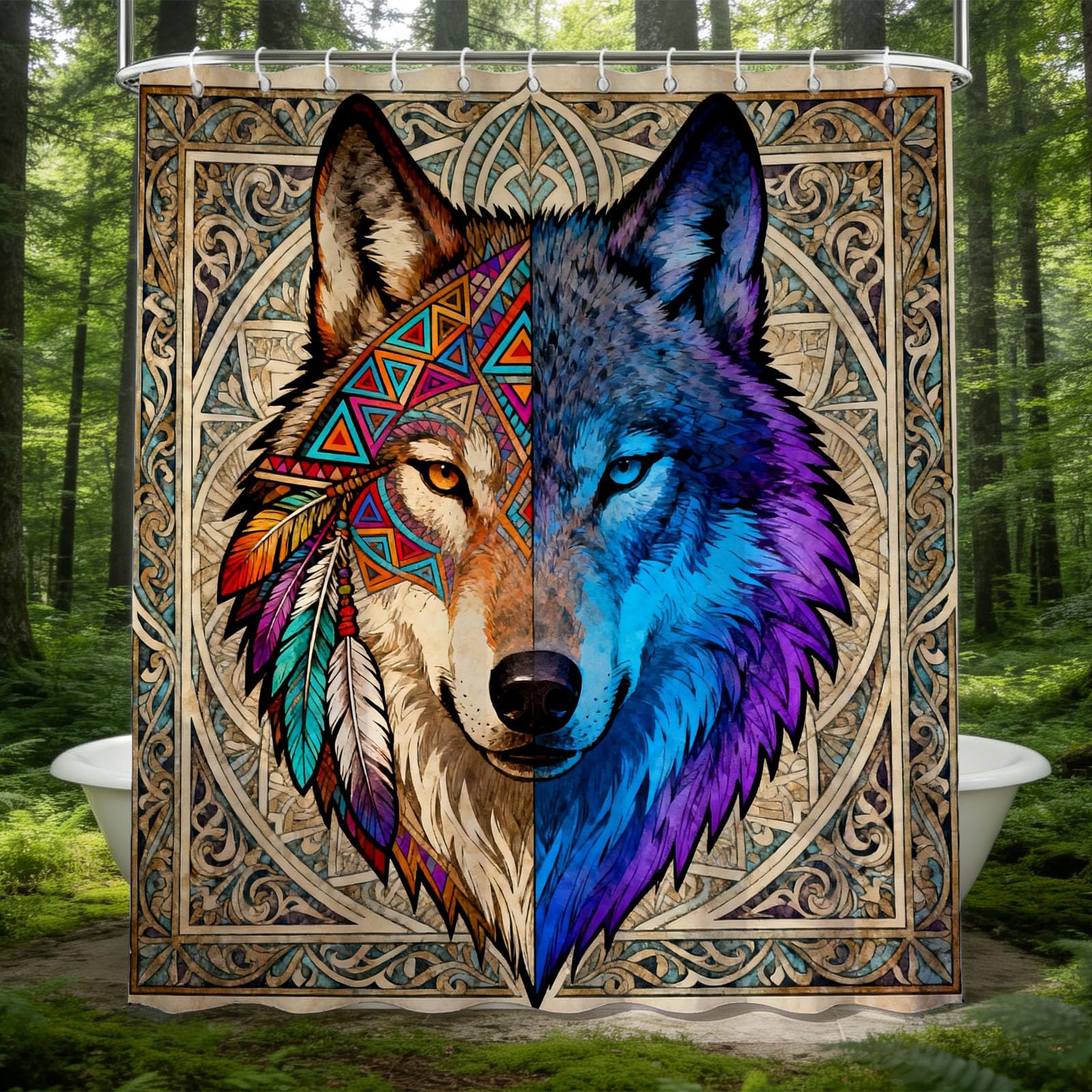 Rideau de douche étanche loup tribal fini l'eau au sol et les moisissures