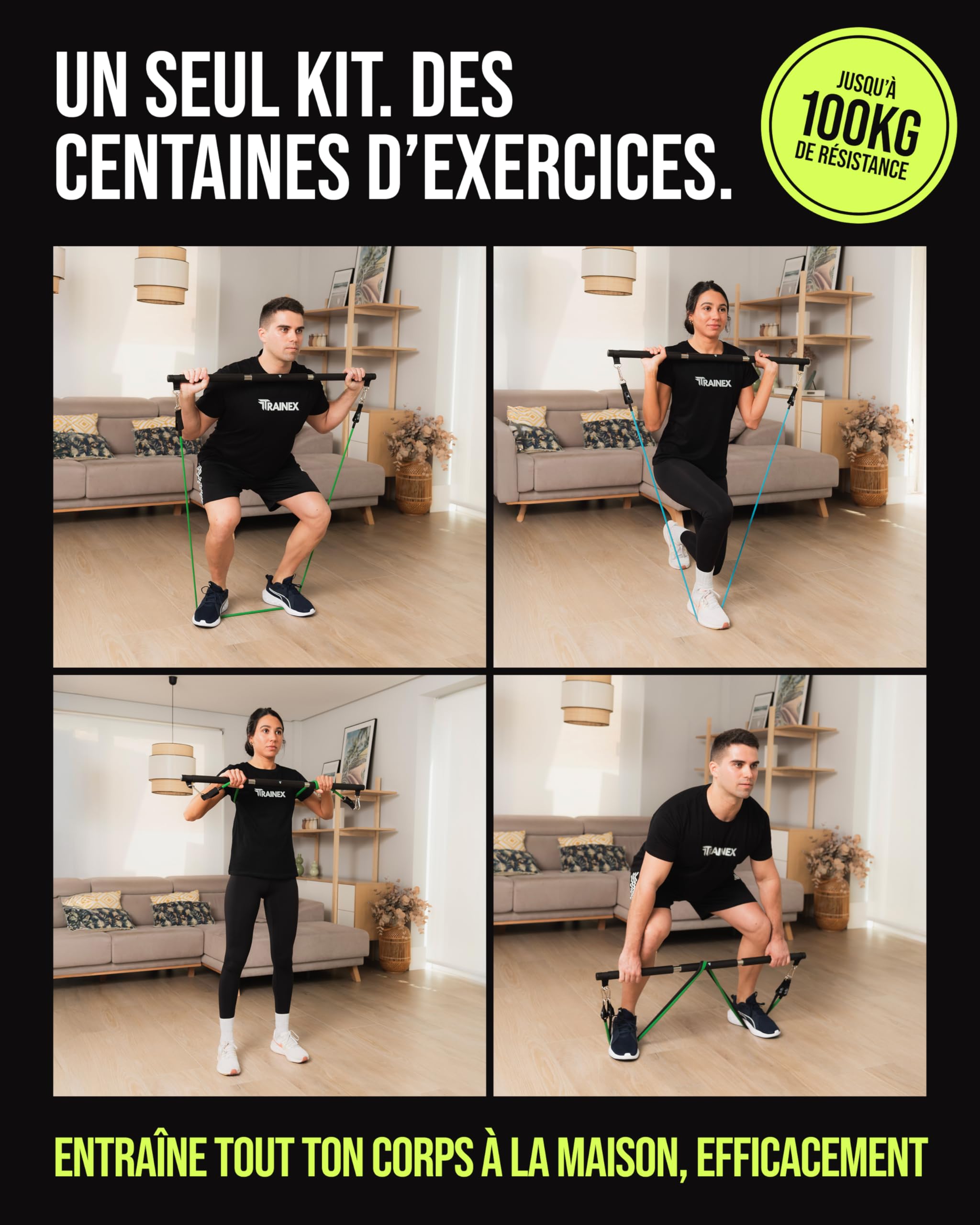 Élastiques de Musculation avec Barre | Bandes de résistance Jusqu’à 100 kg | Kit Musculation Maison Compact | Entraînement Efficace à Domicile | TRAINEX