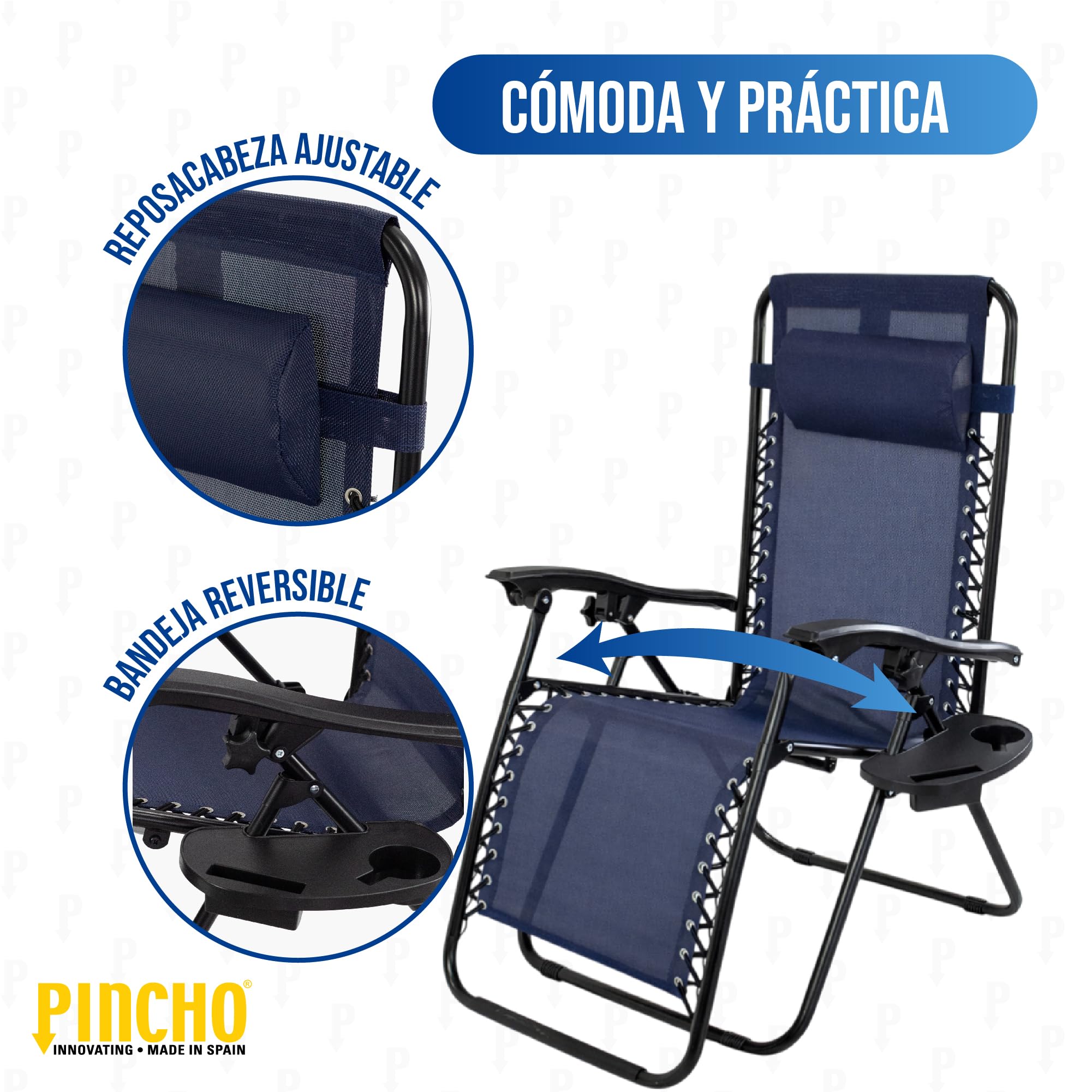 Pincho Tumbona Jardin Exterior Plegable de Gravedad Cero - Pack 2 Sillas Reclinables o Hamacas para Playa, Terraza y Camping con Portavasos, Ligeras y Cómodas (Marino)