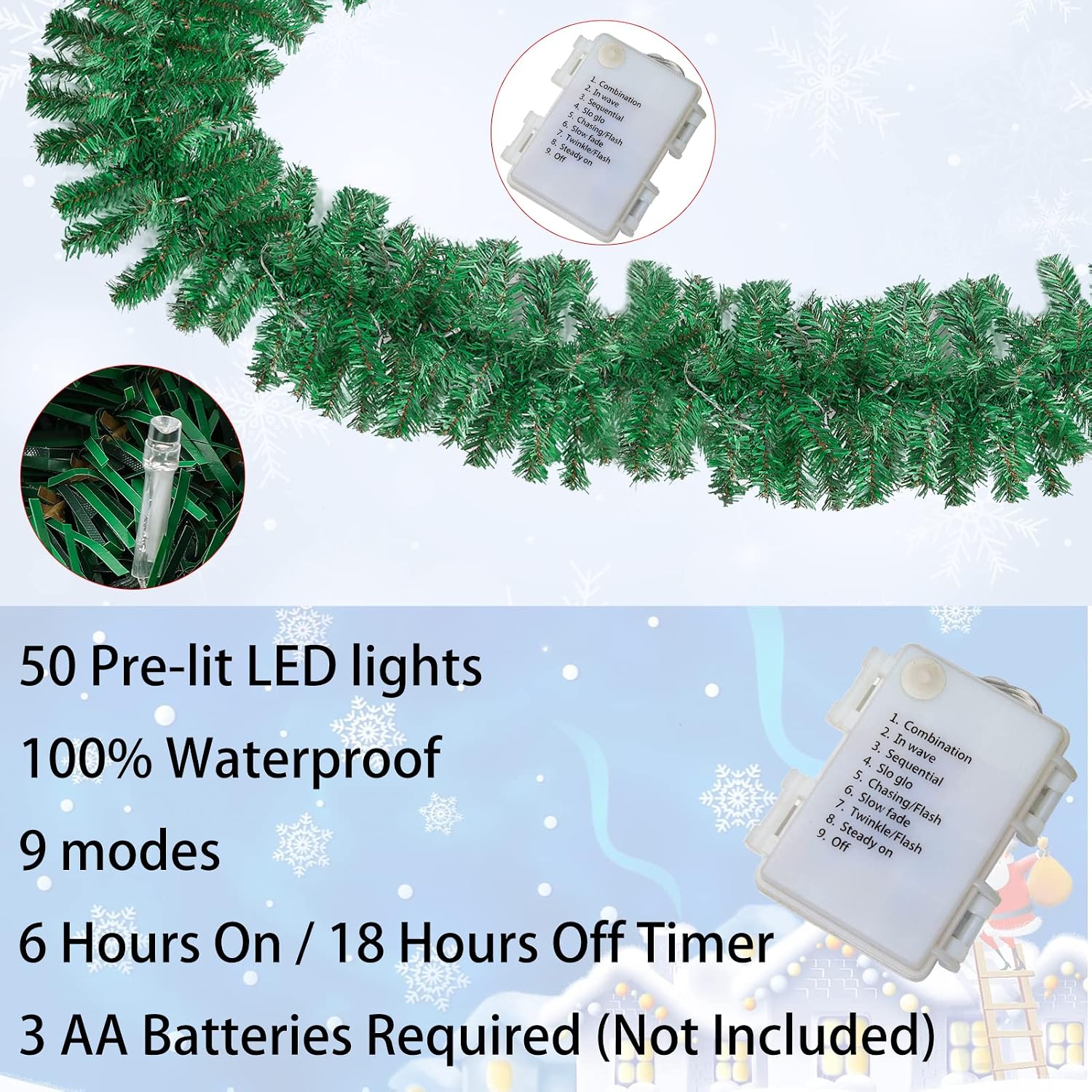 9ft Prelit Lighted Christmas Garland, Battery Operated Colored Lights Timer, Outdoor & Indoor Artificial Garland Christmas Decorations for Mantel Fireplace Stair Door