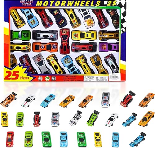 Juego de 25 autos de juguete surtidos para niños, juego de autos de juguete duraderos fundidos a presión en varios diseños con calcomanías geniales