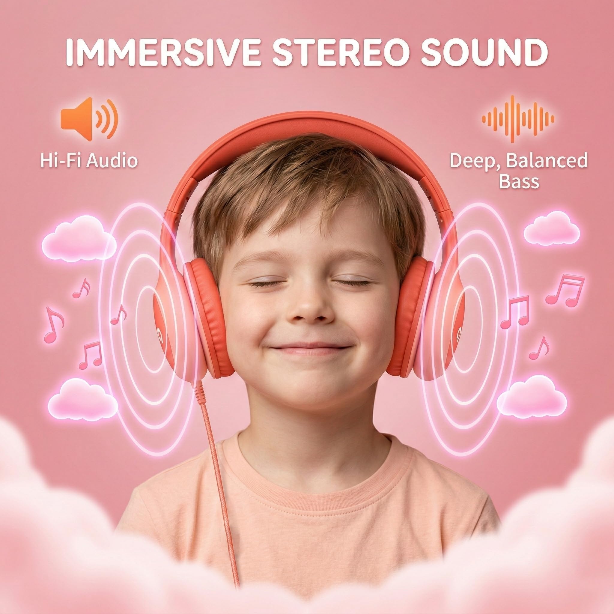 ADOOPE Cuffie cablate per bambini con spina USB C, limitazione del volume di 85 dB, protezione dell'udito sicura, archetto regolabile, senza grovigli, cuffie per scuola, tablet, viaggi (rosso sfumato)
