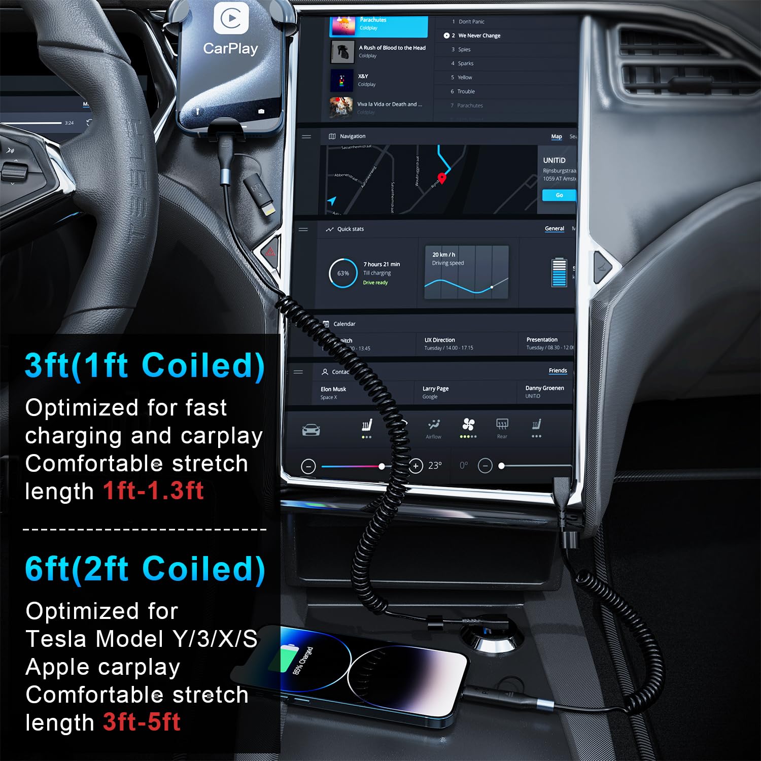 Cavo USB C a Spirale, [1,8M] Cavo USB C da 60W per Carica Dati 2 in 1 ad Angolo Retto CarPlay, Compatibile Android Auto, Tesla Model Y/3/X/S, iPhone 16/15/14/13 Pro Plus Max, Galaxy, Google, Tablet