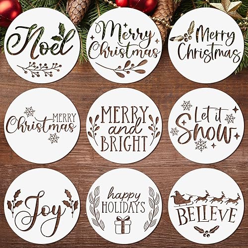 9 plantillas navideñas para pintar sobre madera de 12 pulgadas, redondas, grandes, reutilizables, plantillas de Feliz Navidad para letreros de
