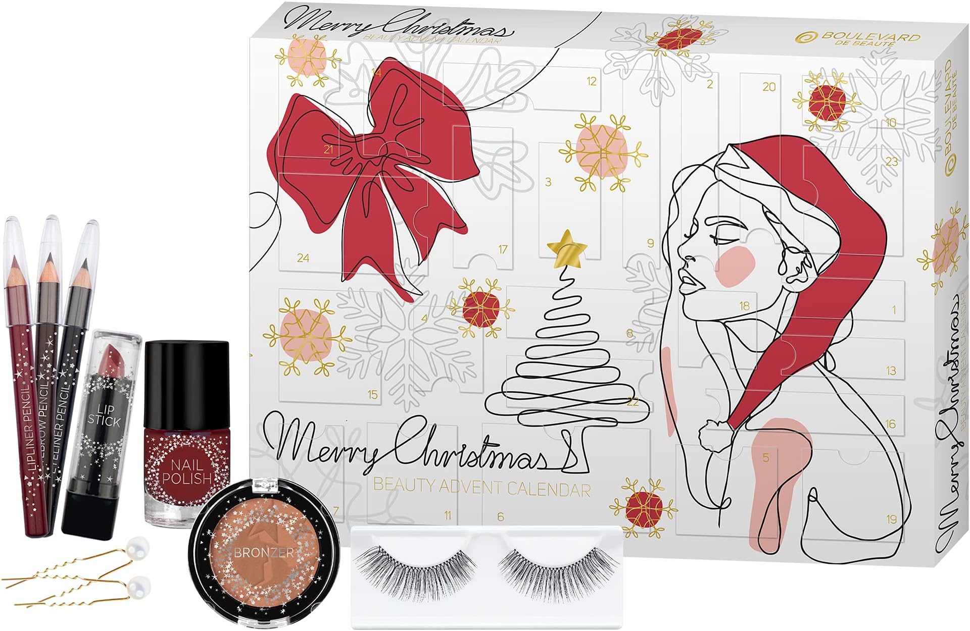Cosmetic advent calendar, 24 days of beauty, 24 make-up surprises, highlights for eyes, lips and face, in elegant box, great gift idea for girls and women