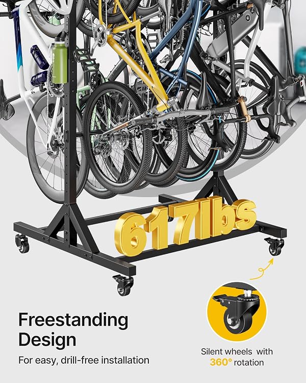 monTEK Freestanding Bike Storage Rack for 10 Bikes, Heavy Duty 617LBS Vertical Bike Stand with 10 Bike Hooks & 6 Helmet Hooks, Indoor and Outdoor Bike Storage Rack with Locking Casters by monTEK - Image 2