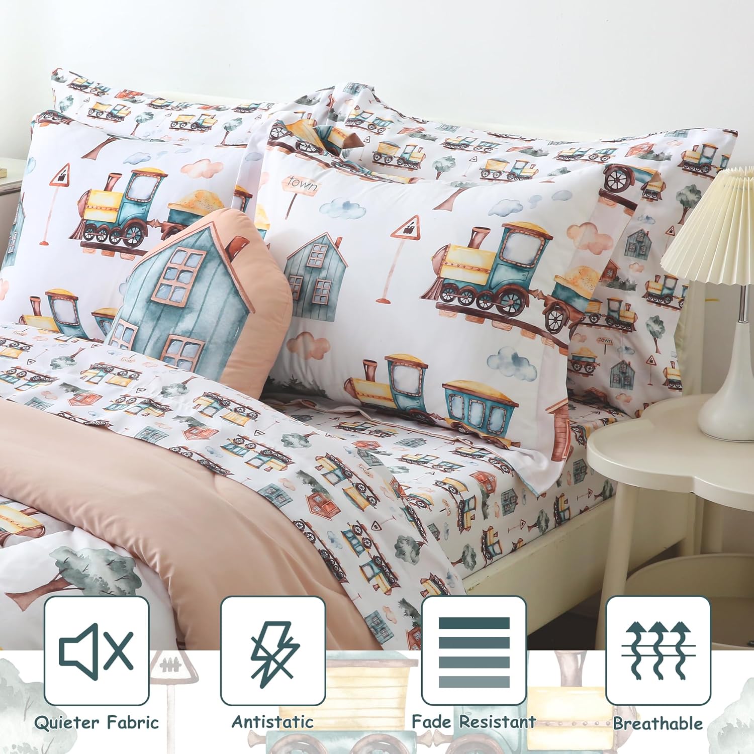 Mooreeke Kids Full Comforter Sets for Boys 8 Pieces Train Bedding Set for Teens Microfiber Country Train Town Kids Bed in A Bag with Comforter, Sheet Set, Shams and Decorative Toy Pillow All Season