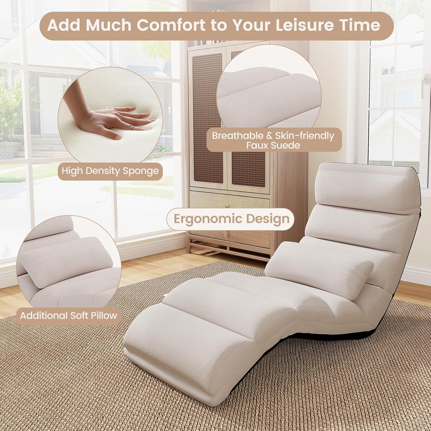 KOMFOTT Foldable Floor Lazy Sofa with Pillow, Indoor Chaise Lounge with 5 Adjustable Positions, Adjustable Back Support & Footrest, Video Gaming Chair for Home, Office, Reading, Watching (Beige)