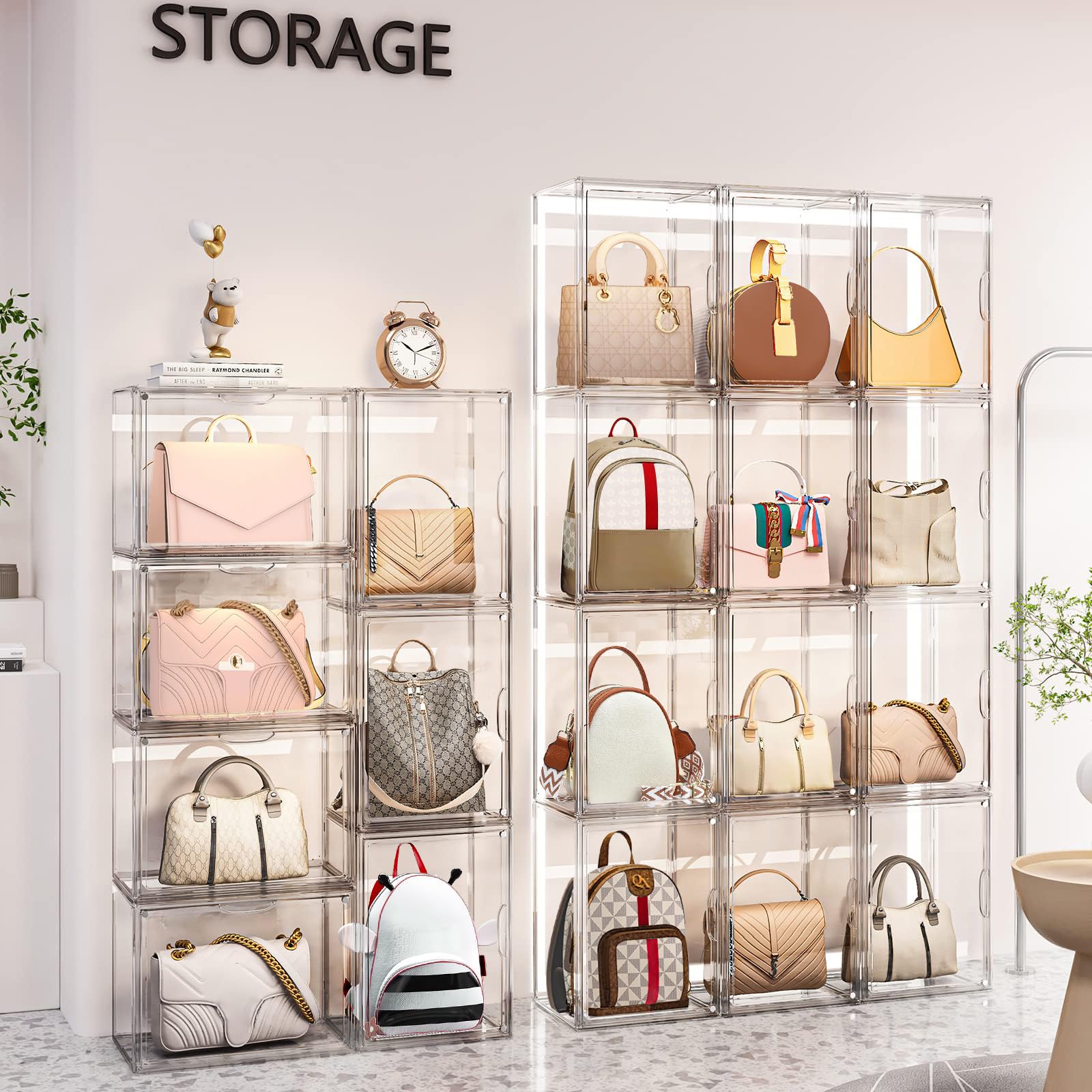 Paquete de 3 organizadores de almacenamiento transparentes para armario, vitrina acrílica para bolso, bolso de mano, organizador de bolso apilable con tapas magnéticas para cartera, libros