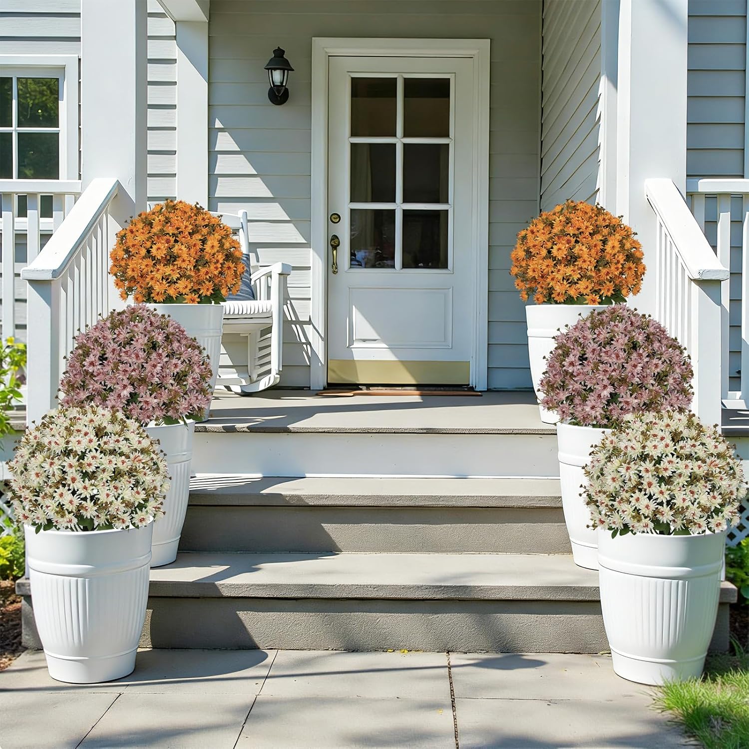 24” Artificial Flowers for Outdoors, Set of 2 Realistic Faux Yellow Mums in Cement Pots, UV Resistant Fake Plants Look Real for Front Porch, Entryway & Indoor Spring Decor