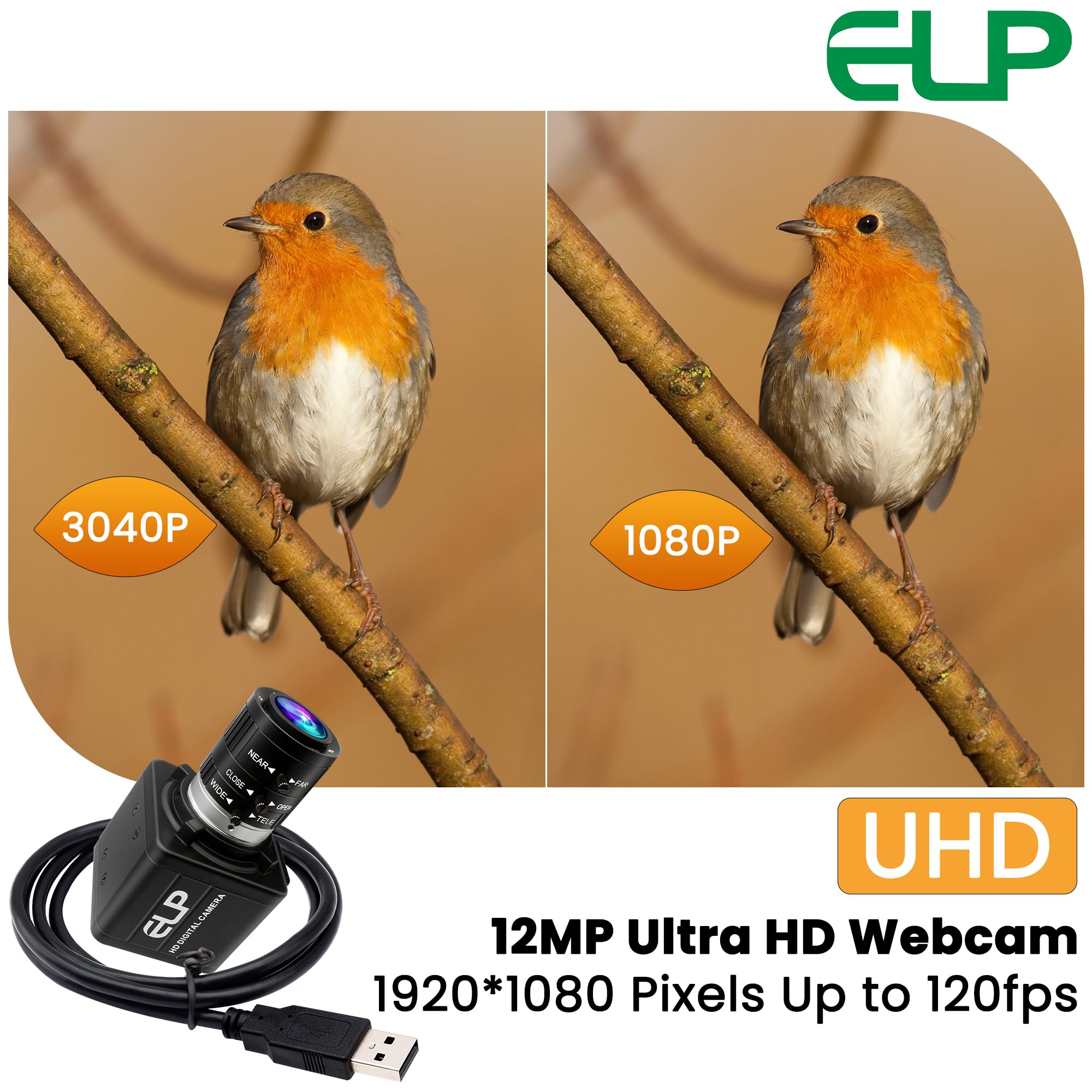 ELP Webcam con zoom manuale da 12 MP USB per computer 1080P 120fps Messa a fuoco variabile Lightburn Camera ad alta velocità 3.6-10mm Zoom 3X USB2.0 PC Cam Varifocal USB Security Webcam per