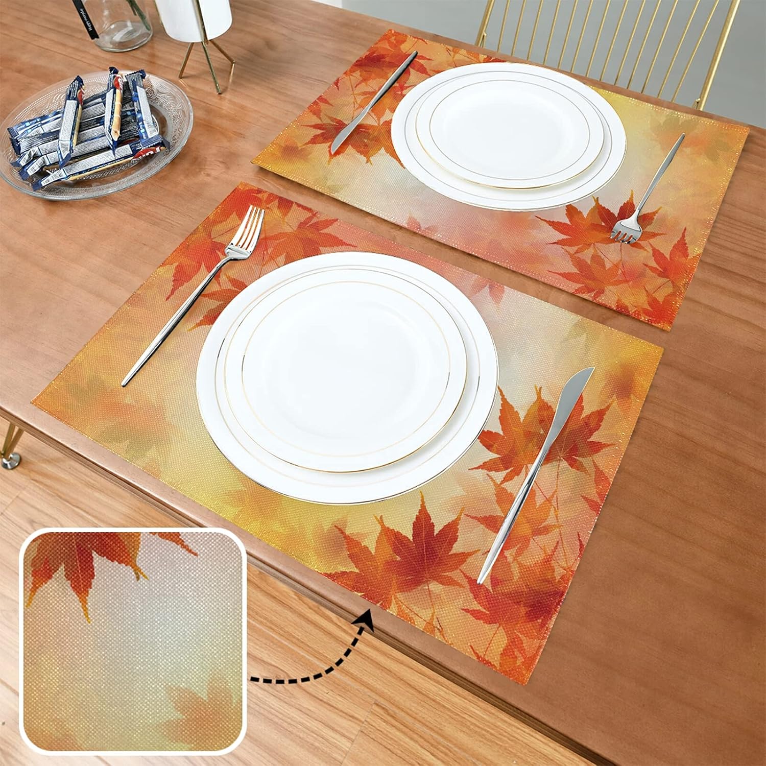 Golden Maple Thanksgiving Placemats Set of 6 - Autumn Leaves Table Mats for Dining Tables - Burlap Double Sided Decoration
