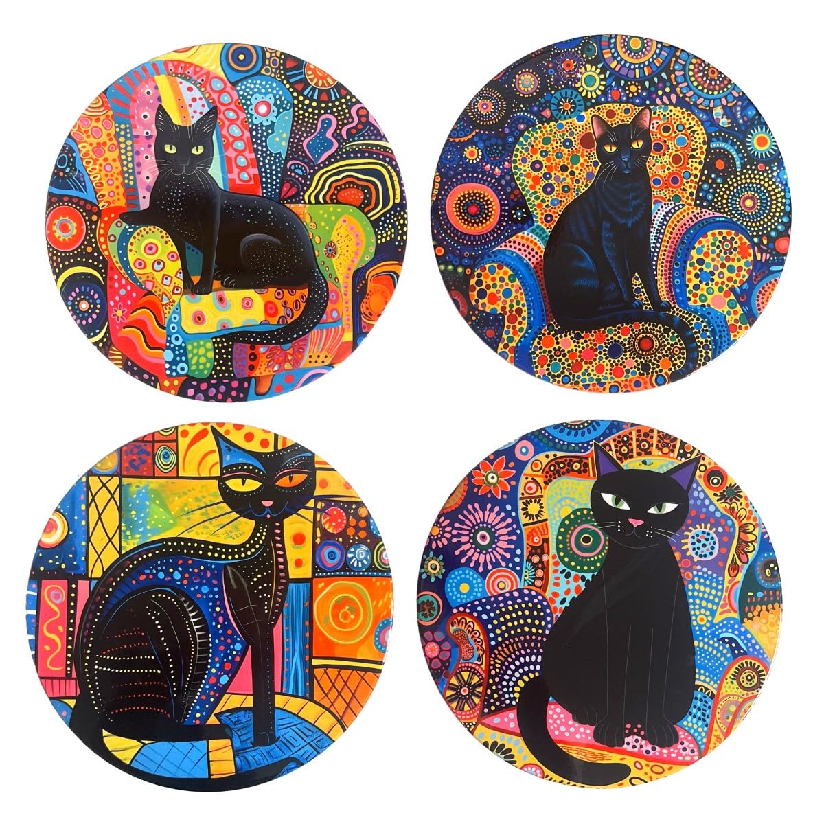 Set 4 Dessous de Plat en céramique, Chats et Mandalas Ethniques colorés, Diamètre 20 cm