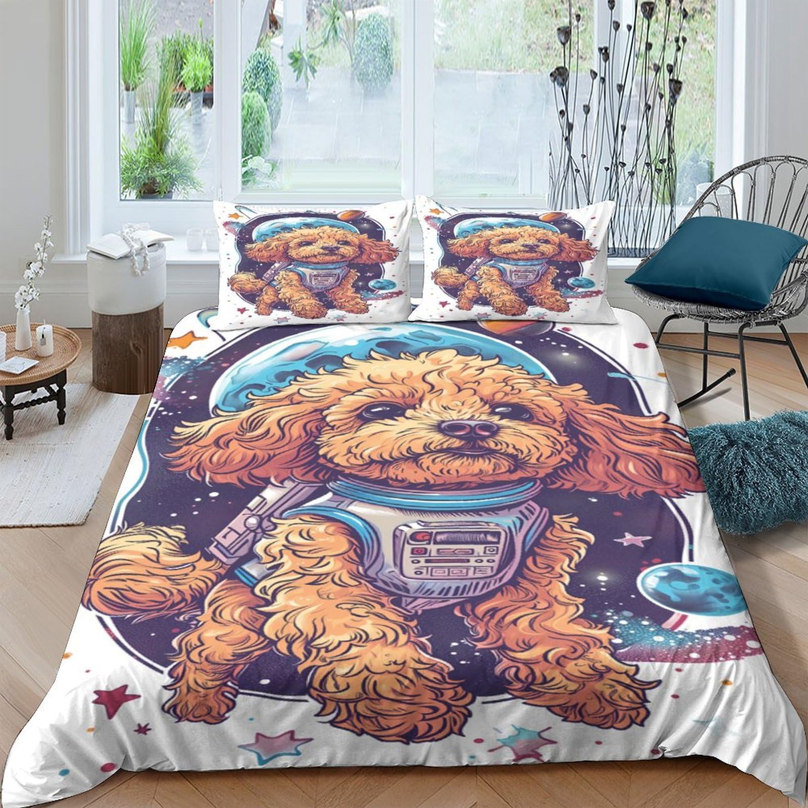 Ctjqhvkz Style-6 3D Printed Astronaut Dog Fitted Sheet Microfiber Soft Orange Cartoon Space Puppy Mattress Cover Bedroom Dorm Protector Single（135X200cm）