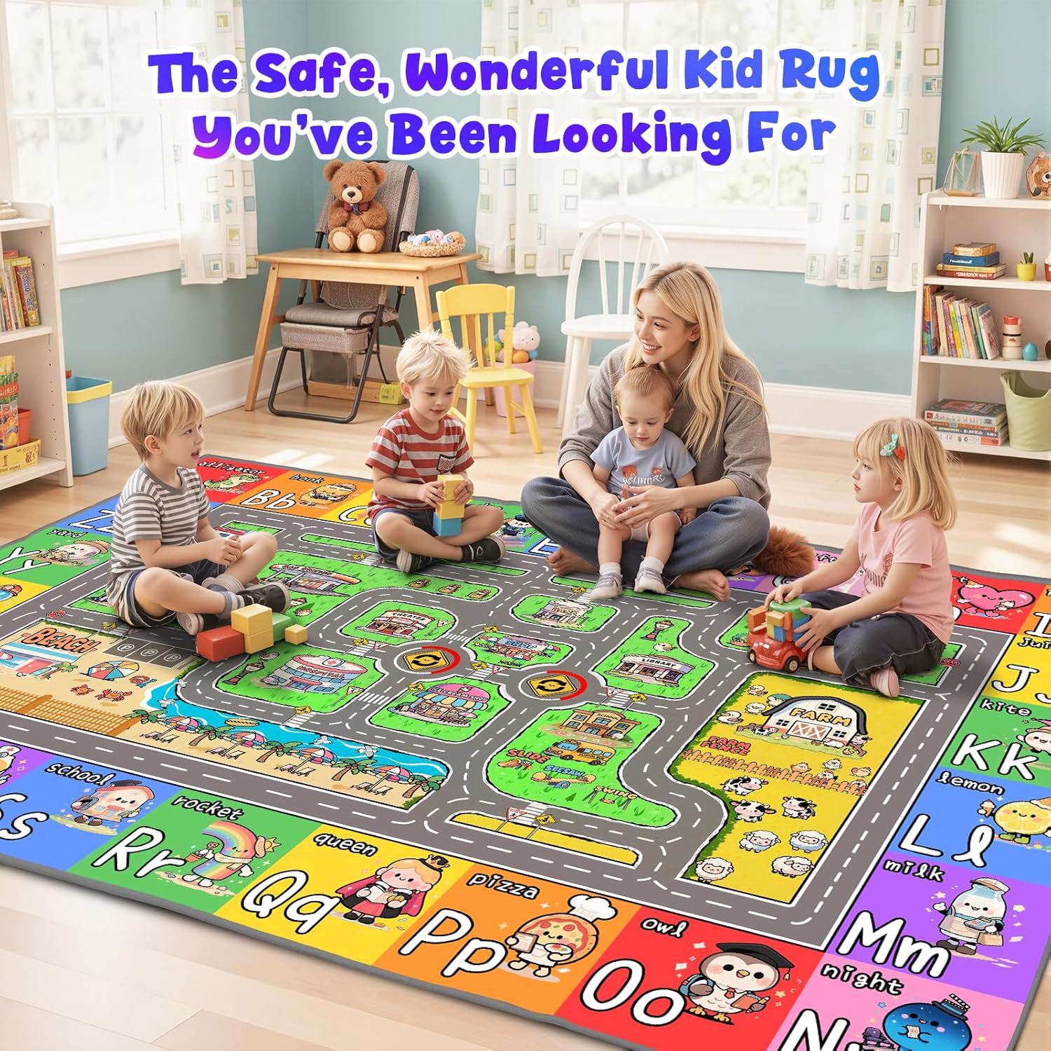 Kids Road Rug for Playroom, Bedroom, Classroom, 4x6 Kids Car Rug Play Mat with Alphabet, Car Track - Educational Kid Playmat, Non-Slip & Soft ABC Rugs for Nursery, Daycare & Elementary