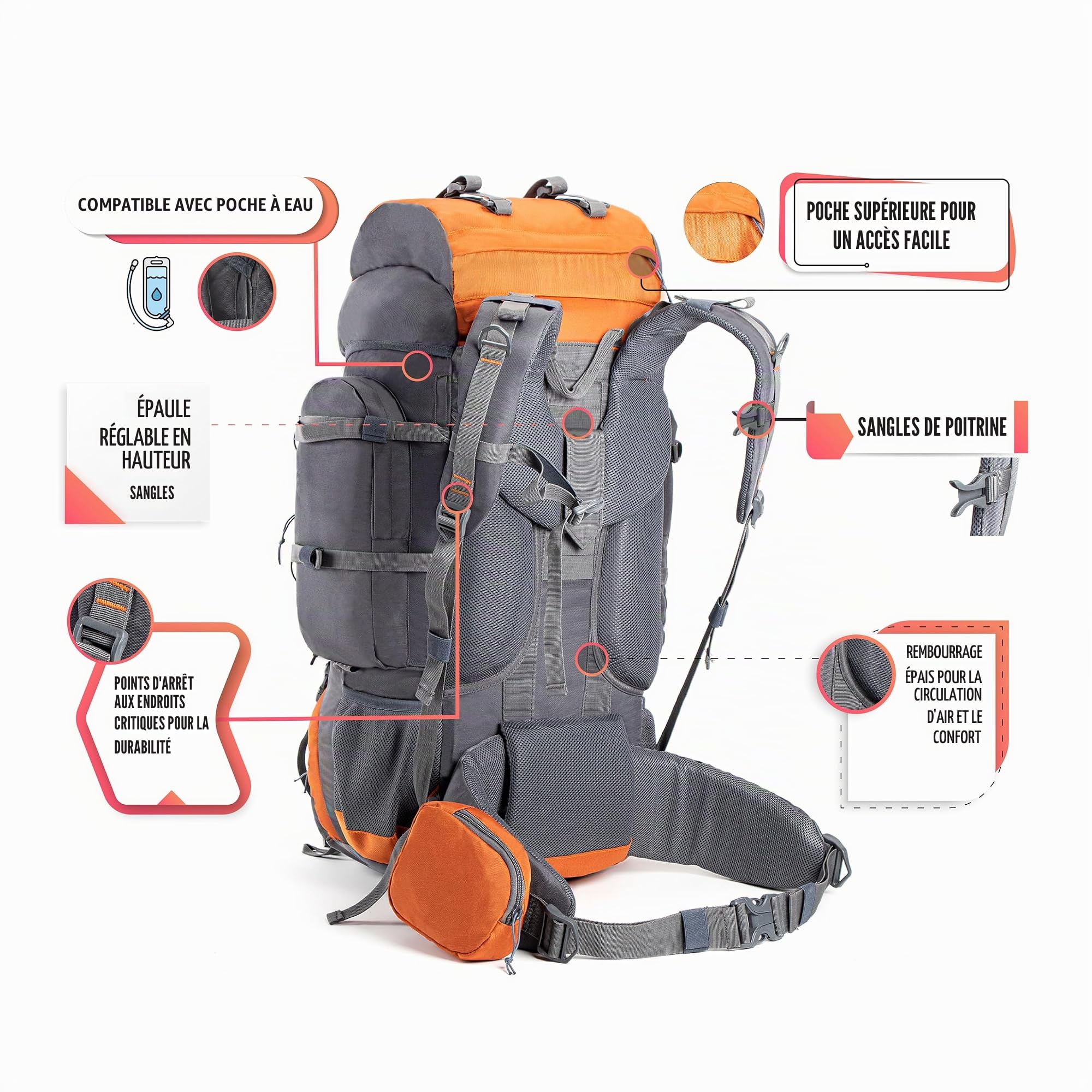 TRIPOLE Walker Sac à Dos 65L Voyage & Randonnée pour Femmes et Hommes – Sac à Dos Étanche avec Cadre Interne, Housse de Pluie et Compartiment Ordinateur Portable, Orange | Sac A Dos Etanche Avec Cadre Interne, Pour Voyage Et Randonnee, 65 Litres, Pour Fem