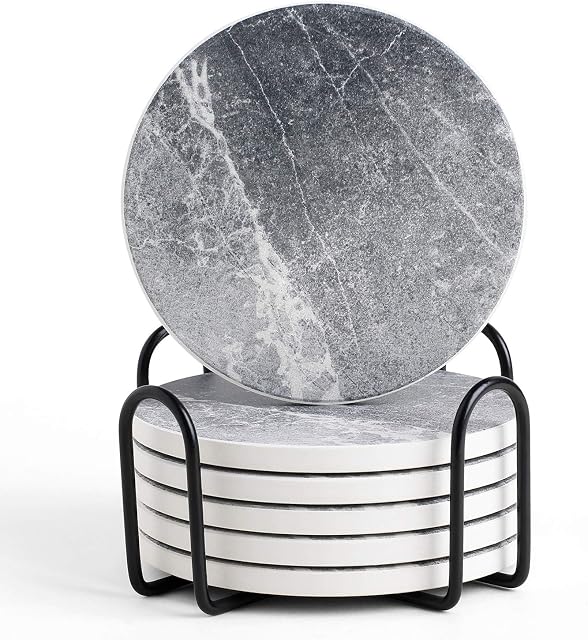 LIFVER Coasters - Coasters Set of 6 - Grey Coasters Ceramic, Drinks Coasters Set, Coasters with Holder and Cork Base, for Women/Men for Various Cups, Tables & Home Decor - 4 ''