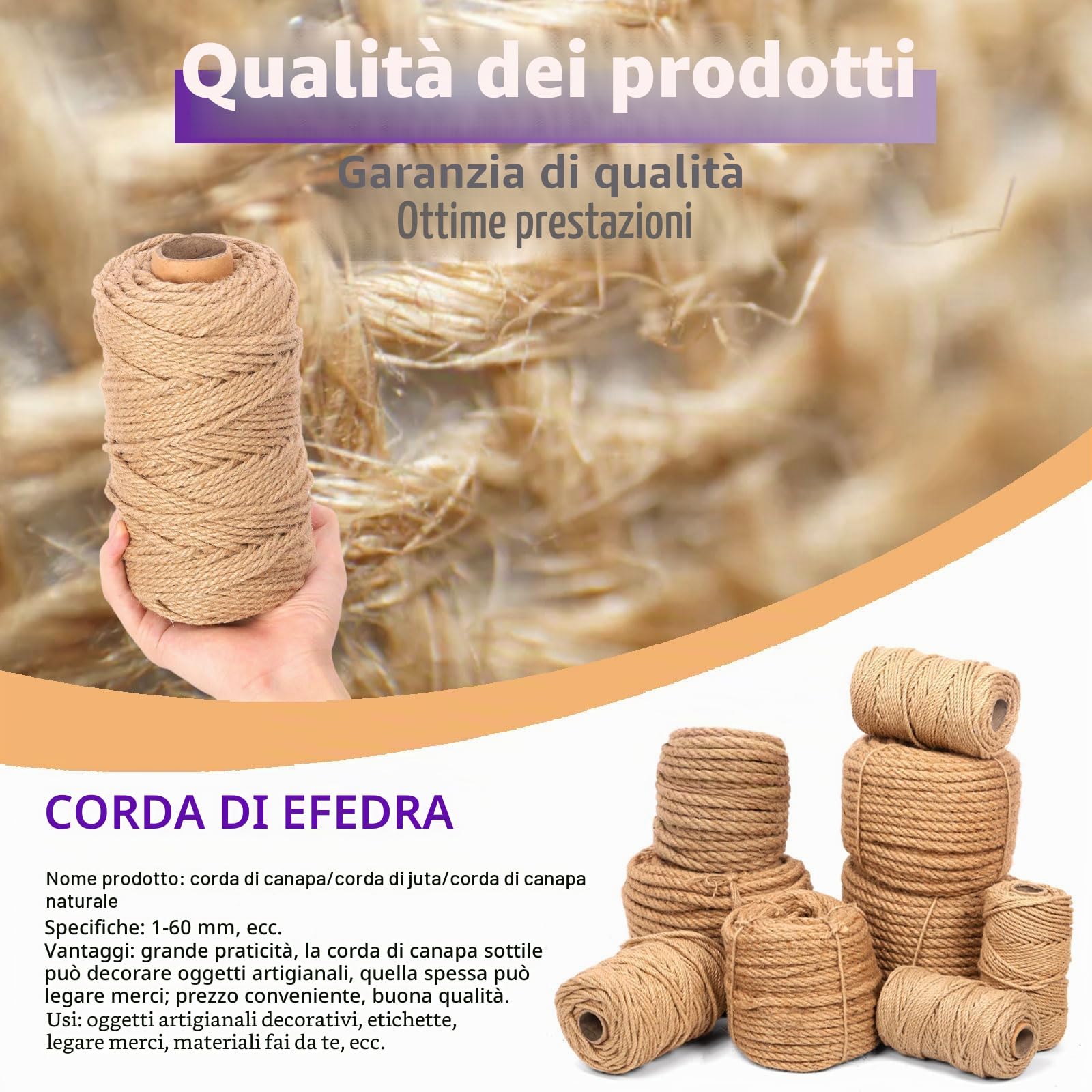 Swpeet Corda di iuta intrecciata in iuta naturale, 14 mmx164 m, lunga corda da imballaggio, giardinaggio, uncinetto, perfetto per artigianato, regalo, confezionamento, imballaggio